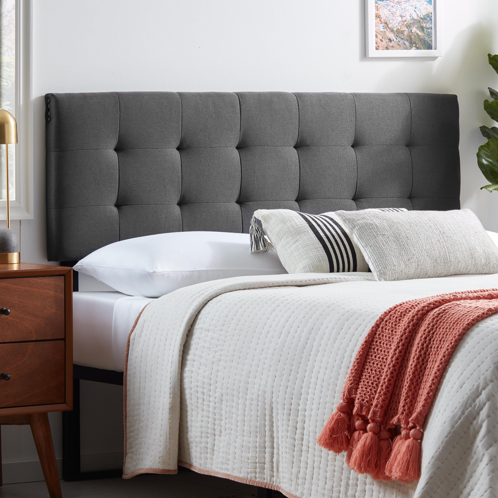 Rest Haven Upholstered Headboard with 4 USB Ports. Queen. Charcoal