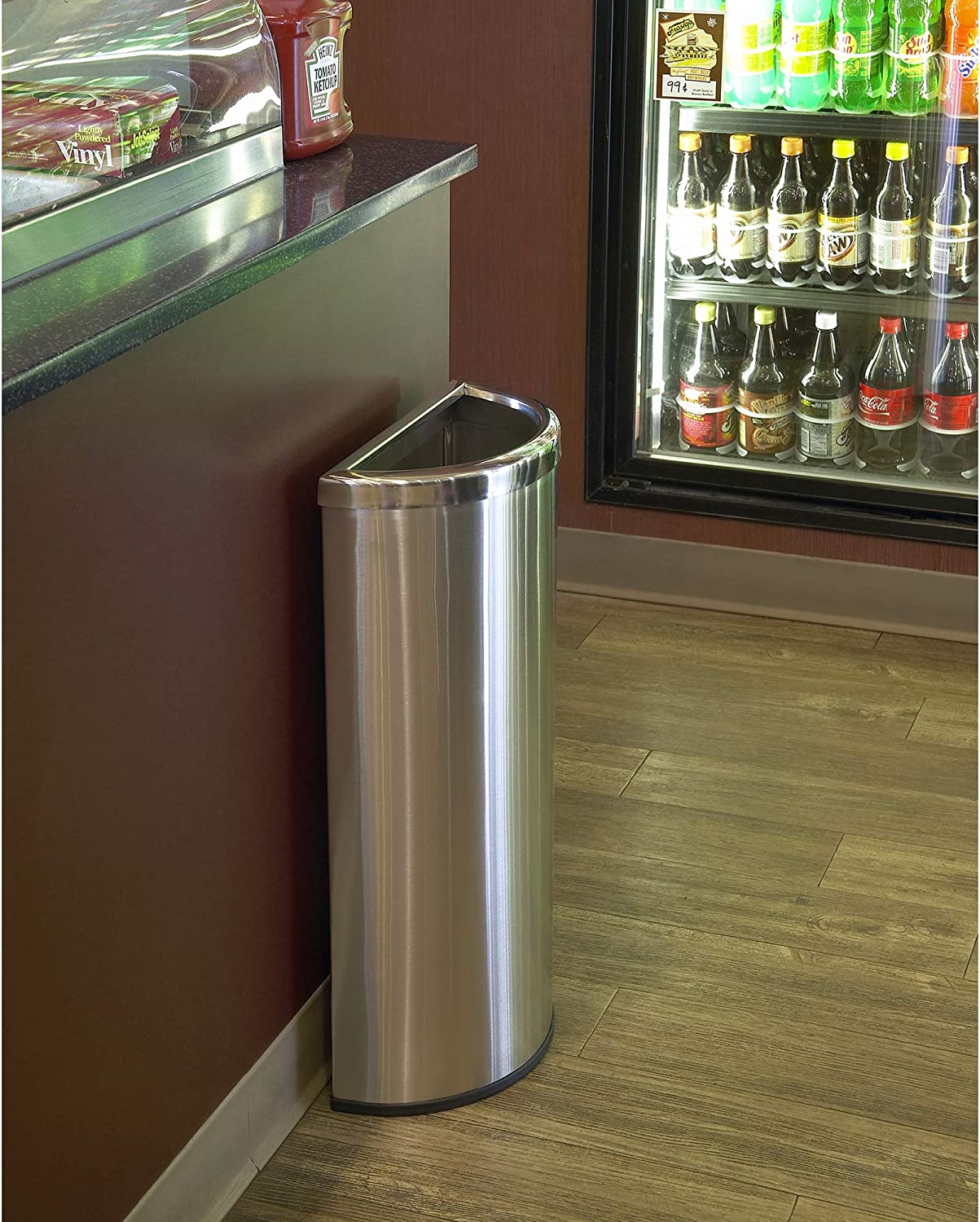 Commercial Zone| Compact 8 Gallon Half Moon Design Heavy Duty Trash Can Waste Bin Container. Stainless Steel. Silver