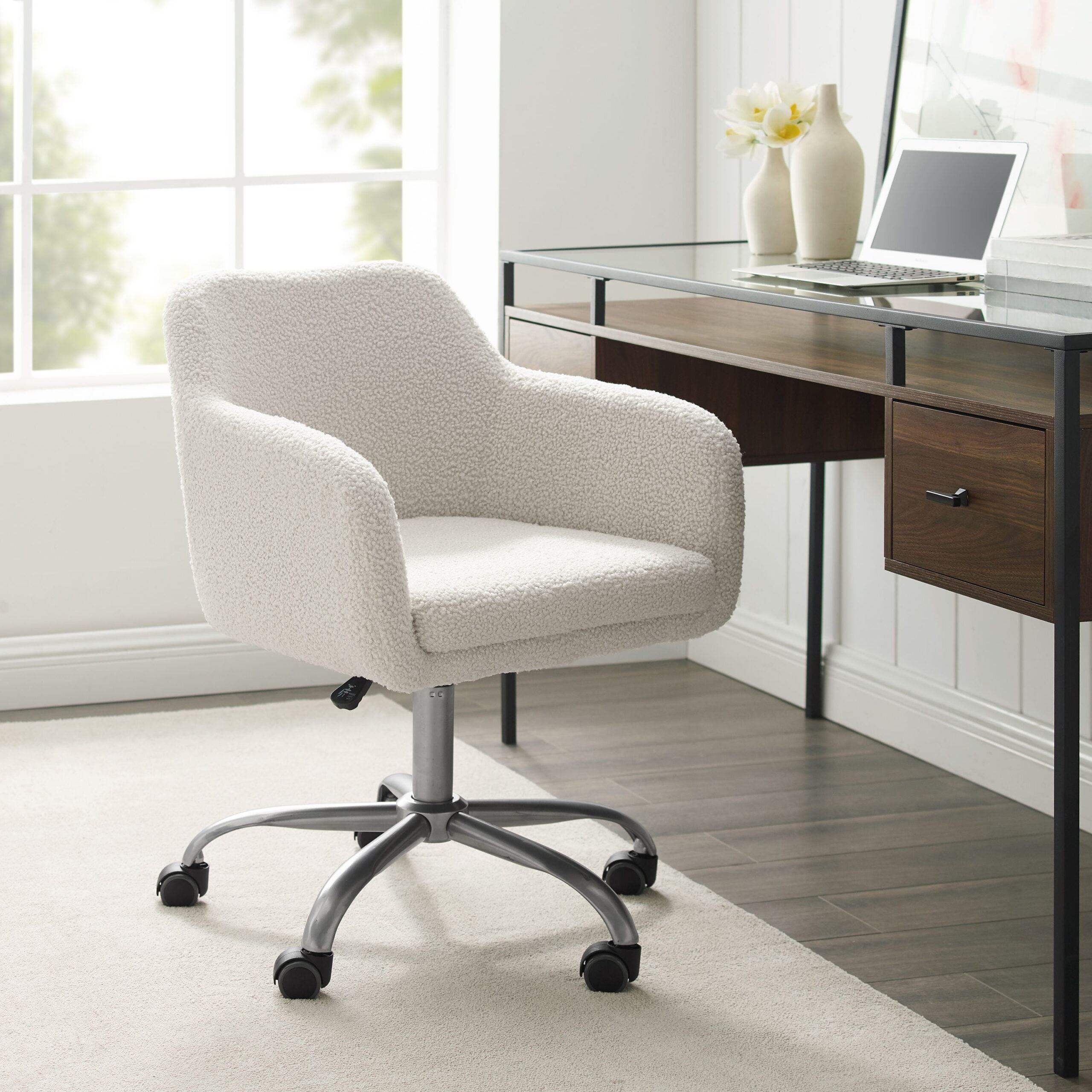 Linon Rylen Mid-Back Swivel Office Chair. Sherpa