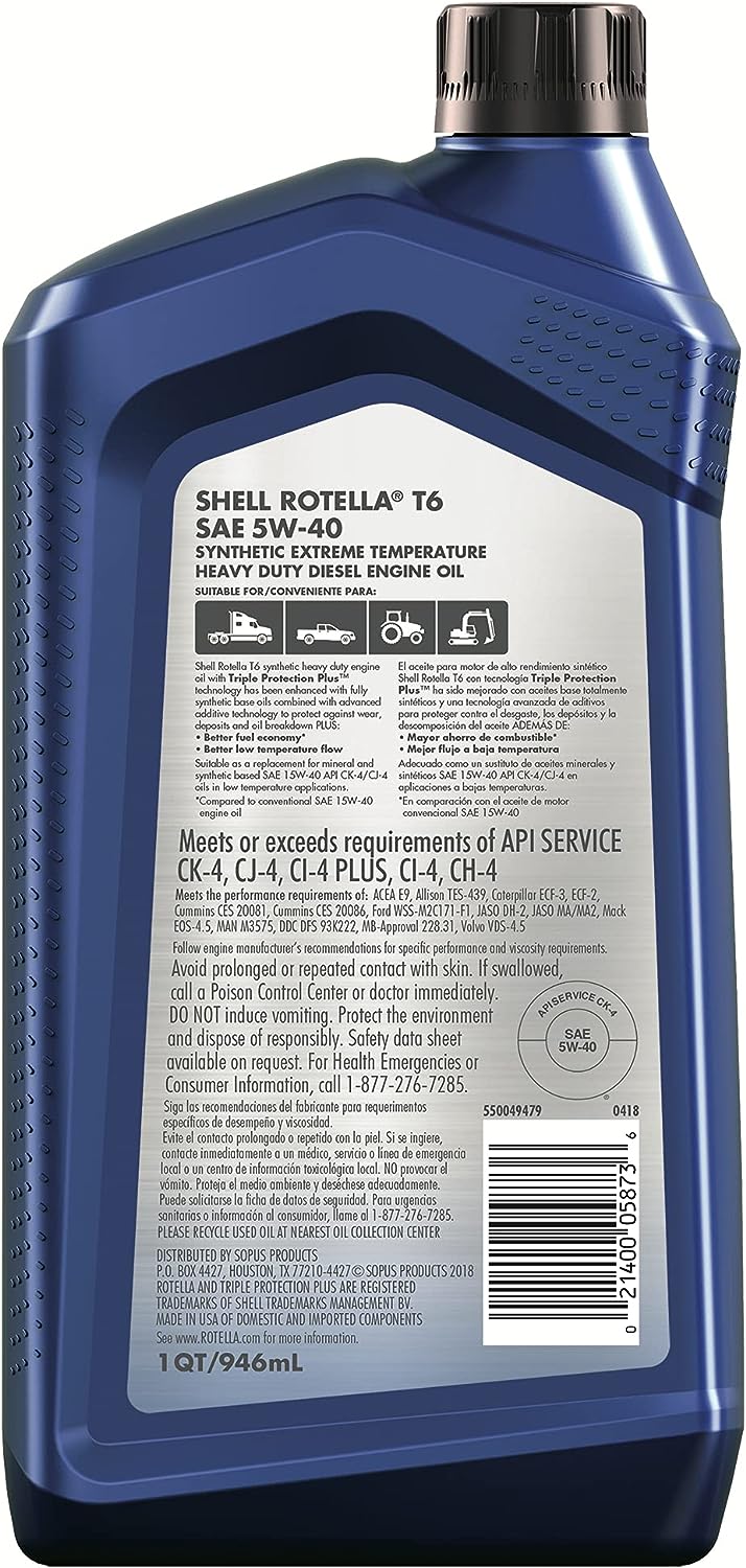 Shell Rotella T6 Full Synthetic 5W-40 Diesel Engine Oil (1-Quart. Case of 6)