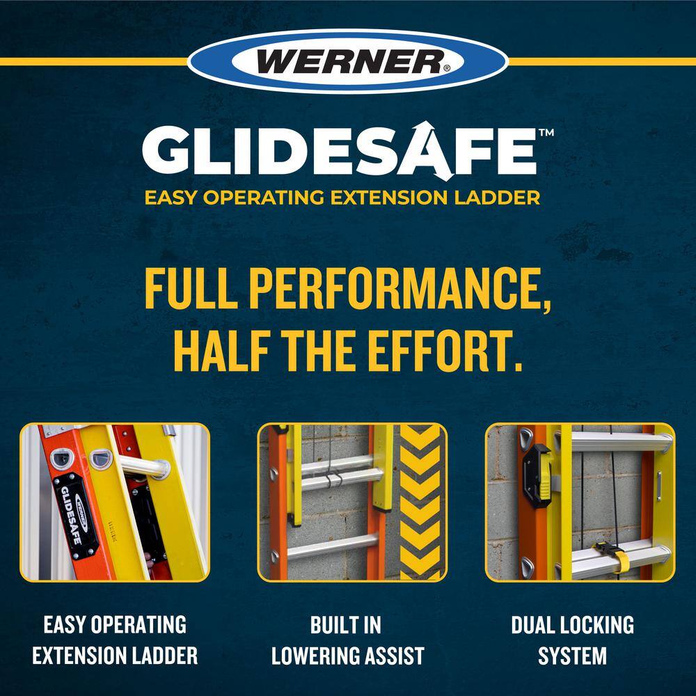 WERNER T6228-2GS 28 ft. GlideSafe Fiberglass Extension Ladder. 300 lbs. Load Capacity Type IA Duty Rating