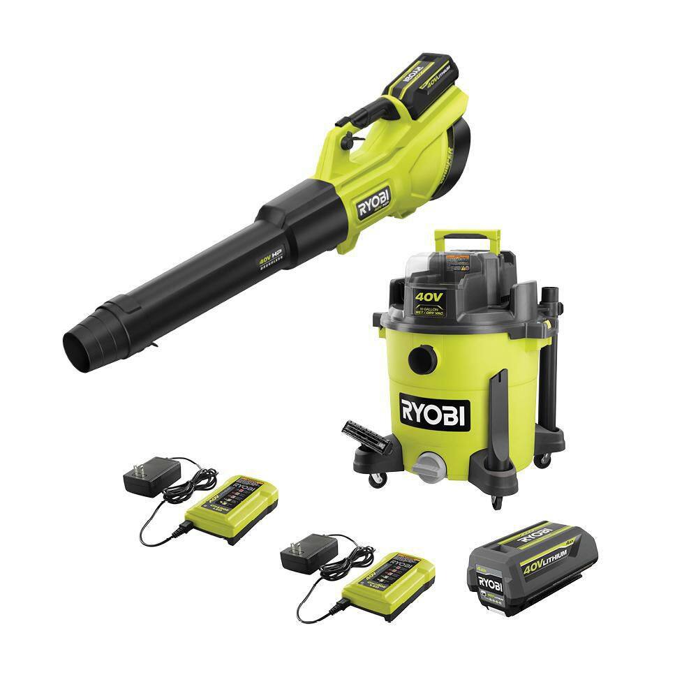 RYOBI RY40WD01K-RY404130VNM 40V 10 Gal. Cordless Wet/Dry Vacuum with 40V HP Brushless Whisper Series Leaf Blower. (2) Batteries. and (2) Chargers