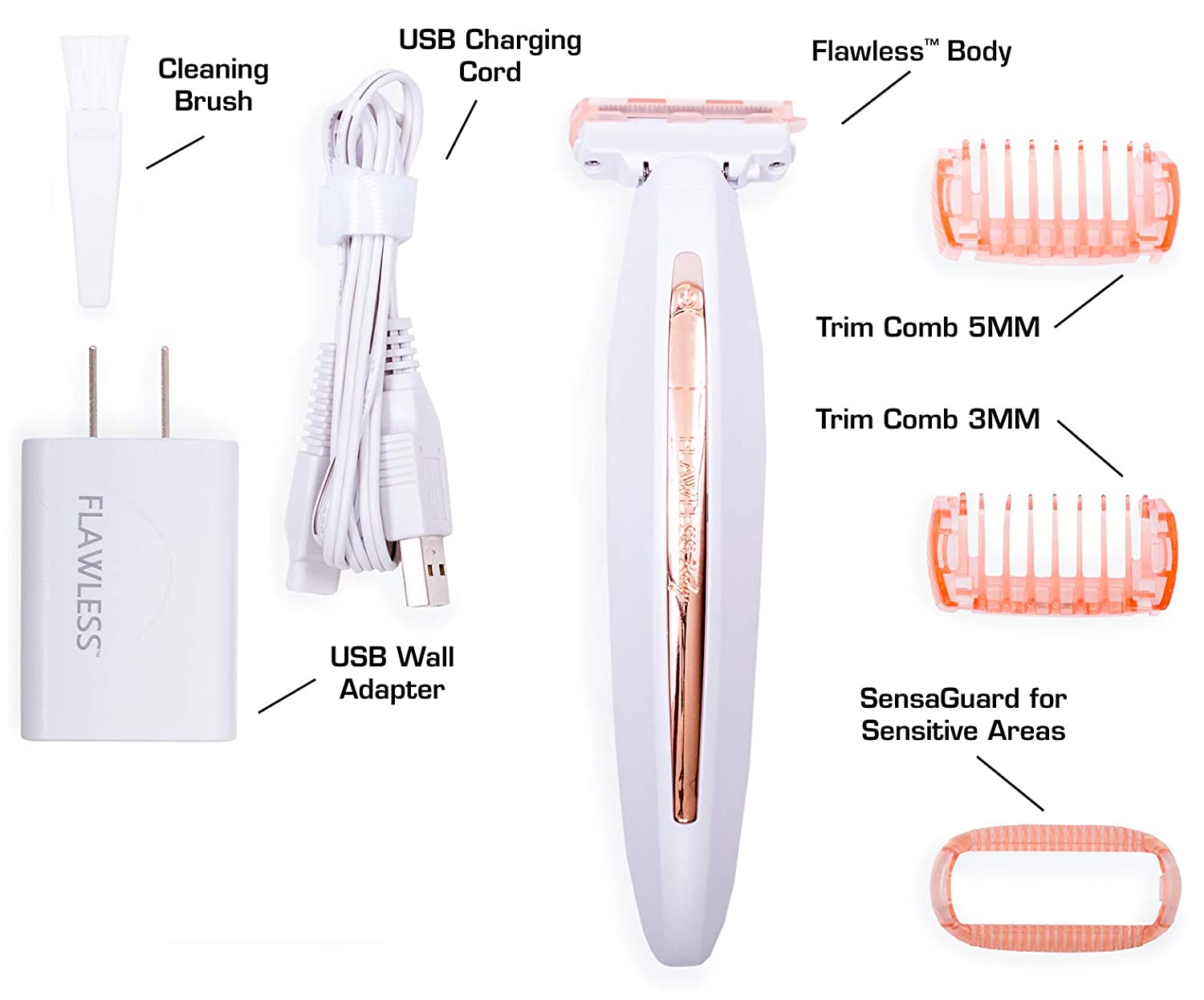 Finishing Touch Flawless Body Rechargeable Ladies Shaver and Trimmer. White/Rose Gold