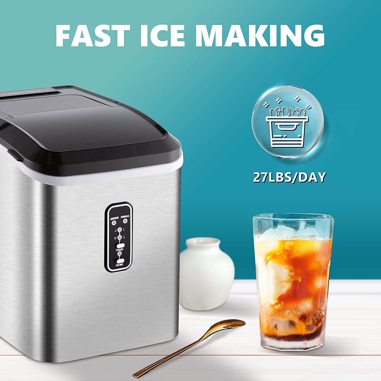 EUHOMY Ice Maker Machine Countertop. 27 lbs in 24 Hours. 9 Cubes Ready in 6 Mins. Electric ice Maker and Compact Potable ice Maker with Ice Scoop and Basket. Perfect for Home/Kitchen/Office.(Sliver)
