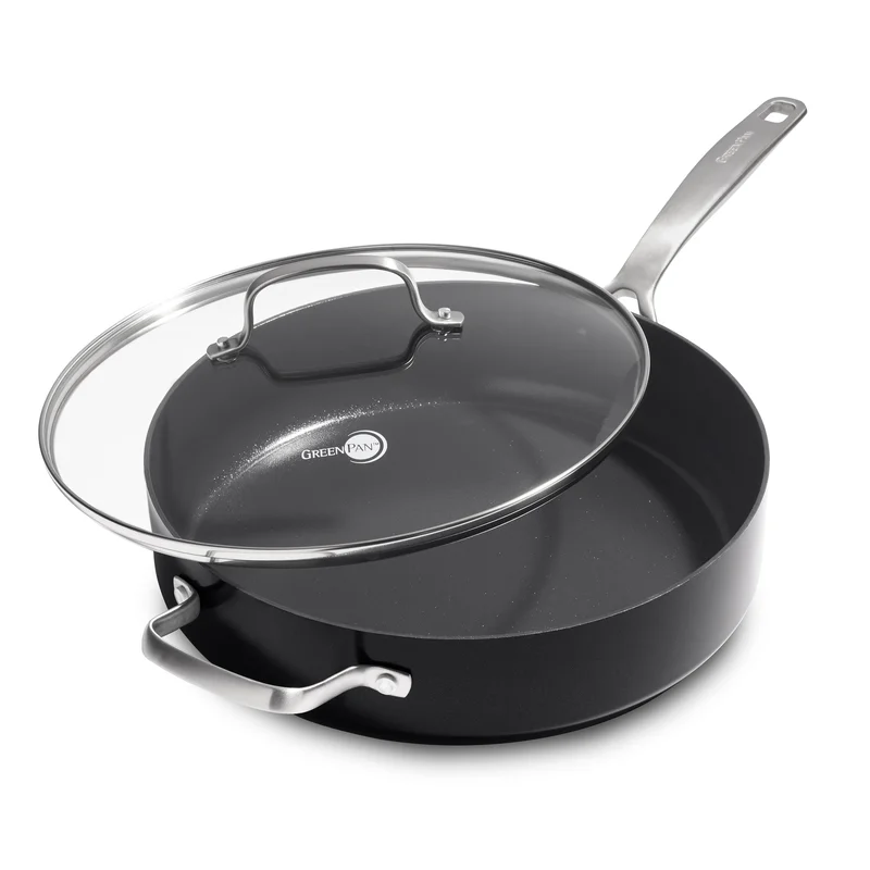 GreenPan SearSmart Hard Anodized Healthy Ceramic Nonstick. 5QT Saute Pan Jumbo Cooker with Helper Handle and Lid. PFAS-Free. Textured Surface. Dishwasher Safe. Black