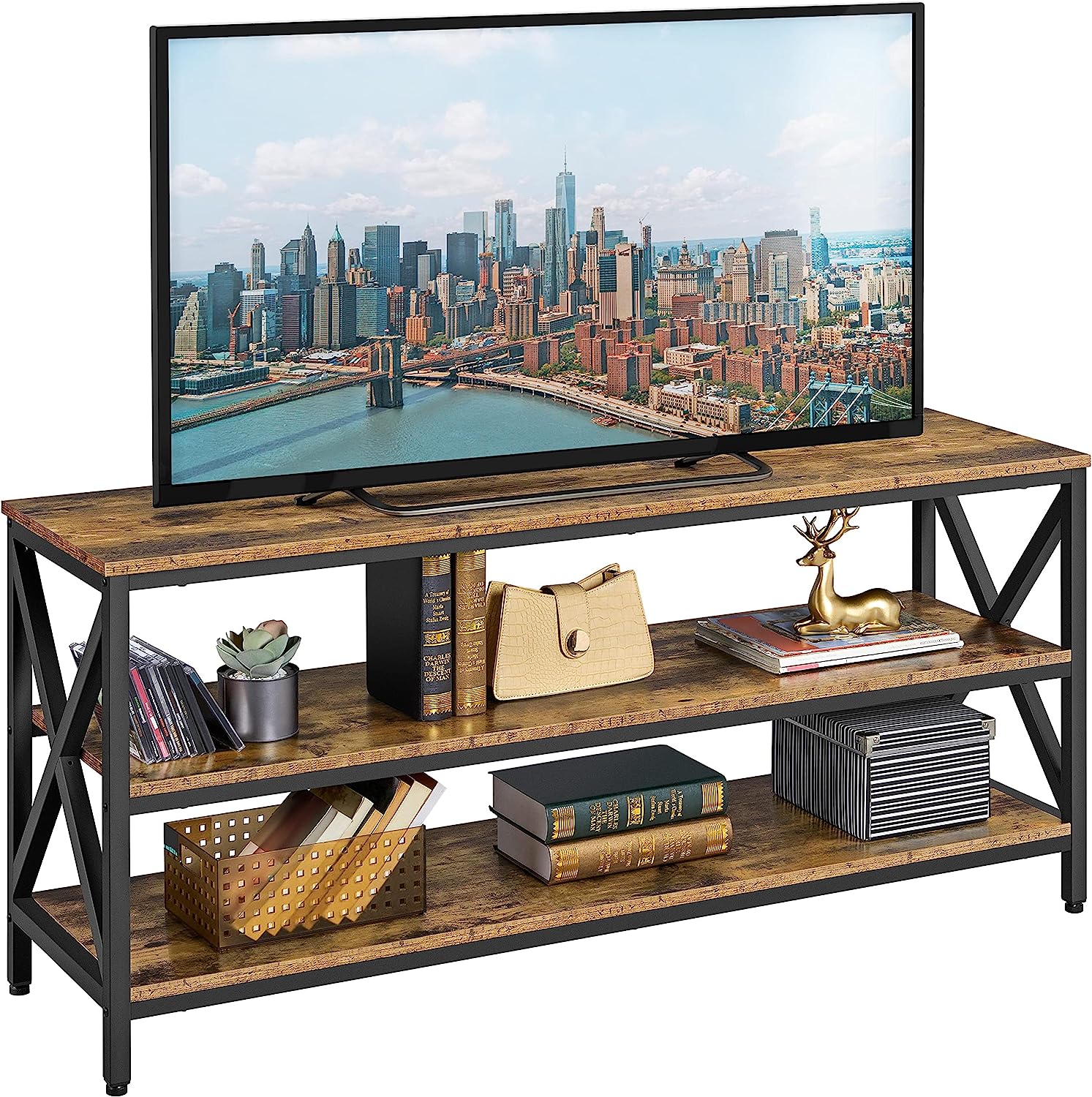 Yaheetech Industrial TV Stand for TV up to 65 inch. 55″ TV Cabinet with 3 Tier Storage Shelves for Living Room. Entertainment Center TV Console Table with Metal Frame. Rustic Brown