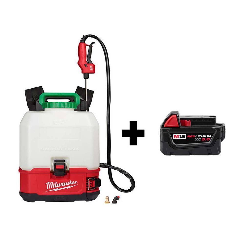 Milwaukee 2820-20ps-48-11-1850 M18 18-Volt 4 Gal. Lithium-Ion Cordless Switch Tank Backpack Pesticide Sprayer with M18 5.0 Ah Battery