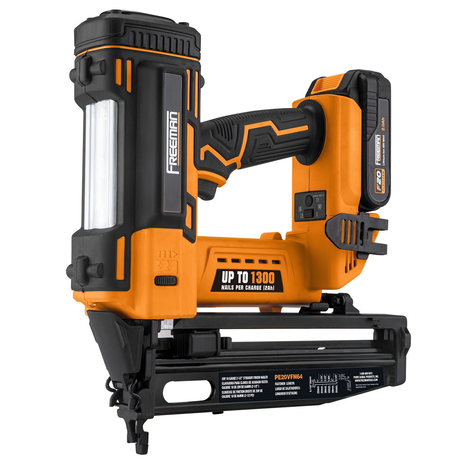 Freeman PE20VFN64 20 Volt Cordless 16-Gauge 2-1/2″ Straight Finish Nailer Kit with Lithium Ion Battery. Charger. Bag. and Nails (200 Count) – 1300 Shots per Charge