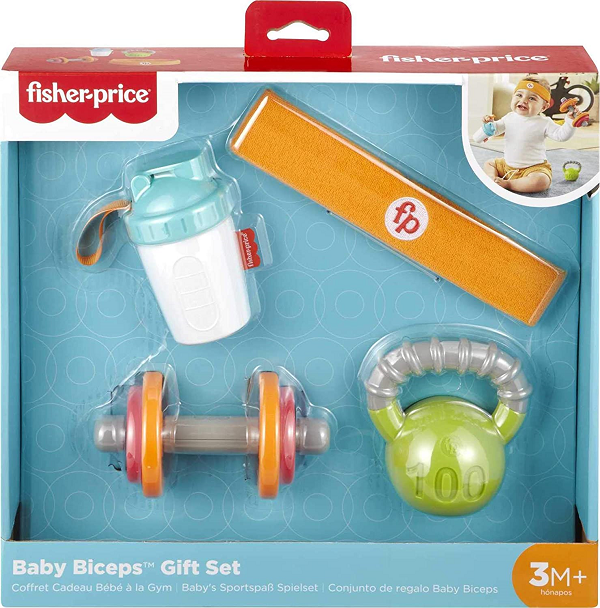 Fisher-Price Baby Biceps Gift Set. 4 Fitness Themed Baby Toys with Wearable Bib