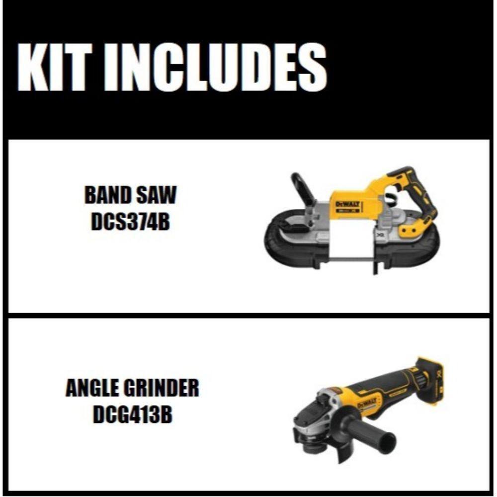 DEWALT DCS374BW413B 20V MAX XR Cordless Brushless Deep Cut Band Saw and 20V MAX XR Cordless Brushless 4.5 in. Paddle Switch Angle Grinder