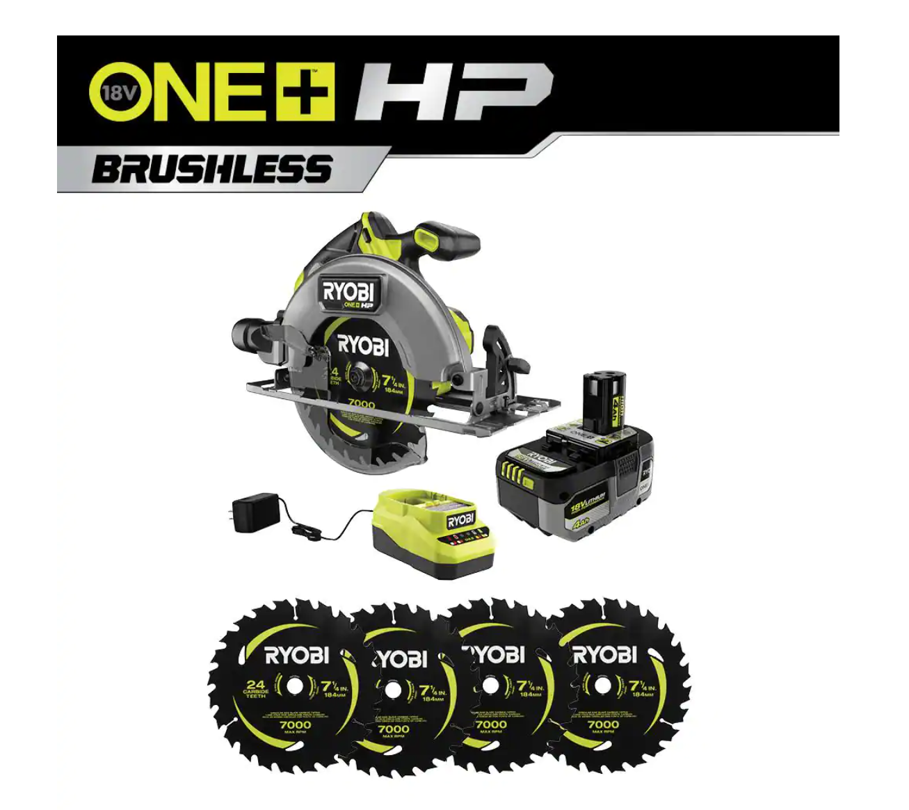 RYOBI PBLCS300K1-A067401 ONE+ HP 18V Brushless Cordless 7-1/4 in. Circular Saw Kit with 4.0 Ah Battery. Charger. and (4-Piece) Replacement Blades