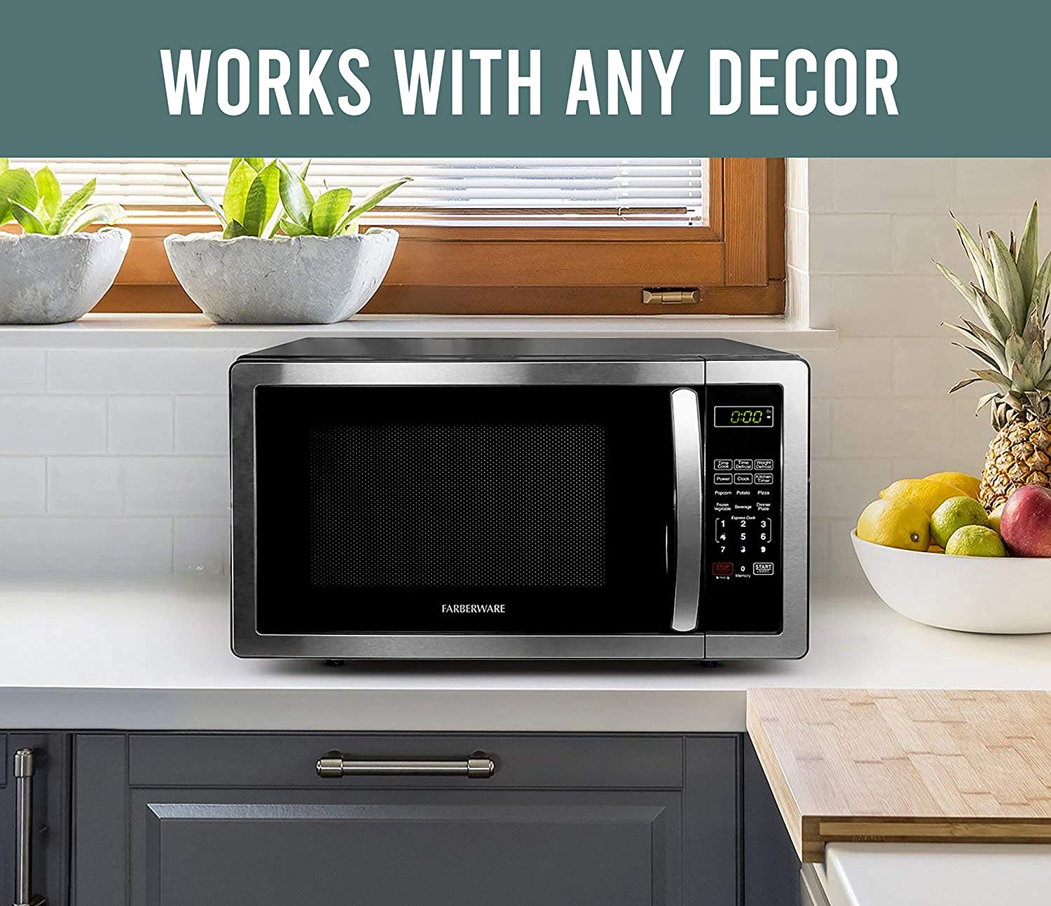 Farberware FMO11AHTBKB Countertop Microwave 1.1 Cu. Ft. 1000-Watt Compact Microwave Oven with LED lighting. Child lock. and Easy Clean Interior. Stainless Steel Interior & Exterior