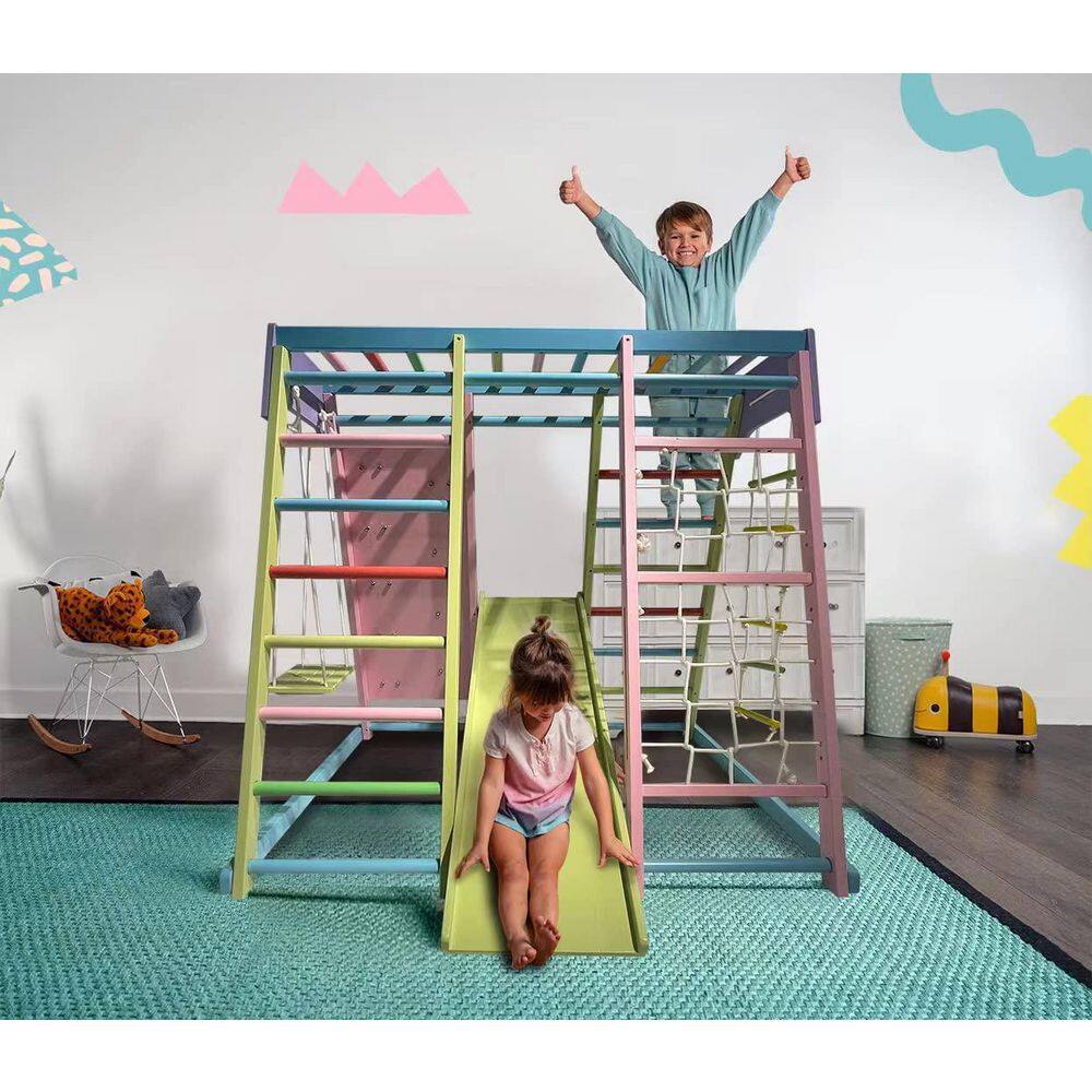 Avenlur WD-CLBR-LG-CLRF Avenlur Magnolia Indoor Wood 6-in-1 Playset. Slide. Rock Climb Wall. Rope Wall Climbing - Large. Colorful