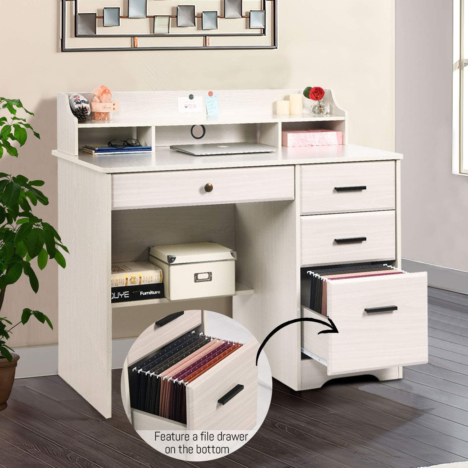 Catrimown Computer Desk with Drawers. Wood Home Office Desk with Monitor Stand. PC Desk with Monitor Stand. White Oak