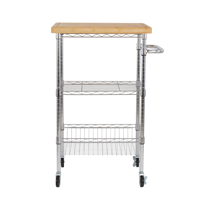 Style Selections  Chrome Steel Base with Wood Top Rolling Kitchen Cart (24-in x 19.7-in x 38-in)