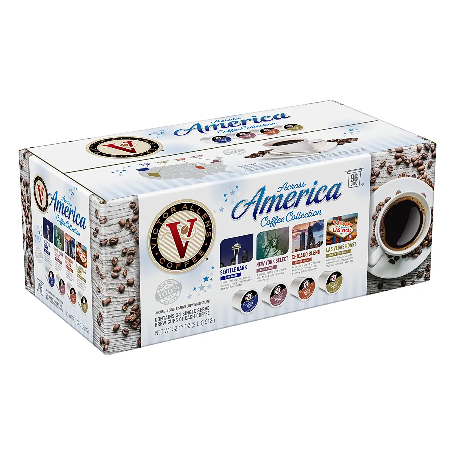 Victor Allen-s Coffee Across America Variety Pack (Seattle Dark. New York Select. Chicago Blend. Las Vegas Roast). 96 Count. Single Serve Coffee Pods for Keurig K-Cup Brewers