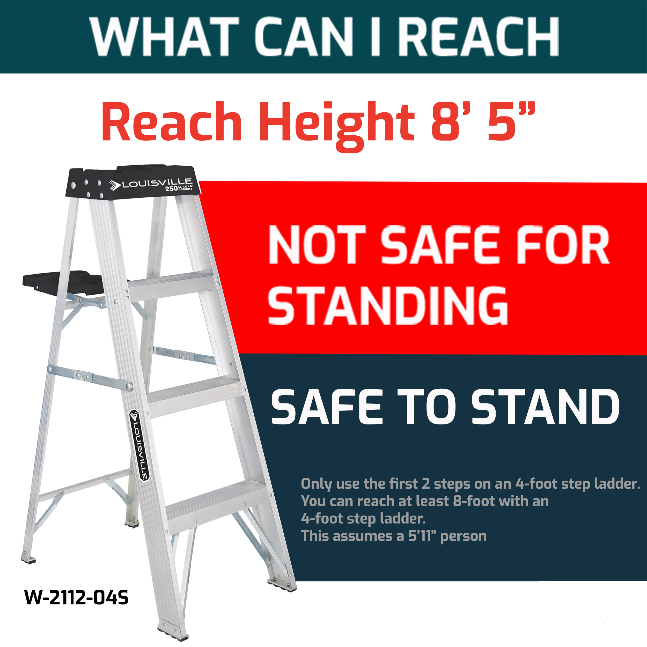 Louisville Ladder 4′ Aluminum Step Ladder. 250-lb Capacity. W-2112-04S