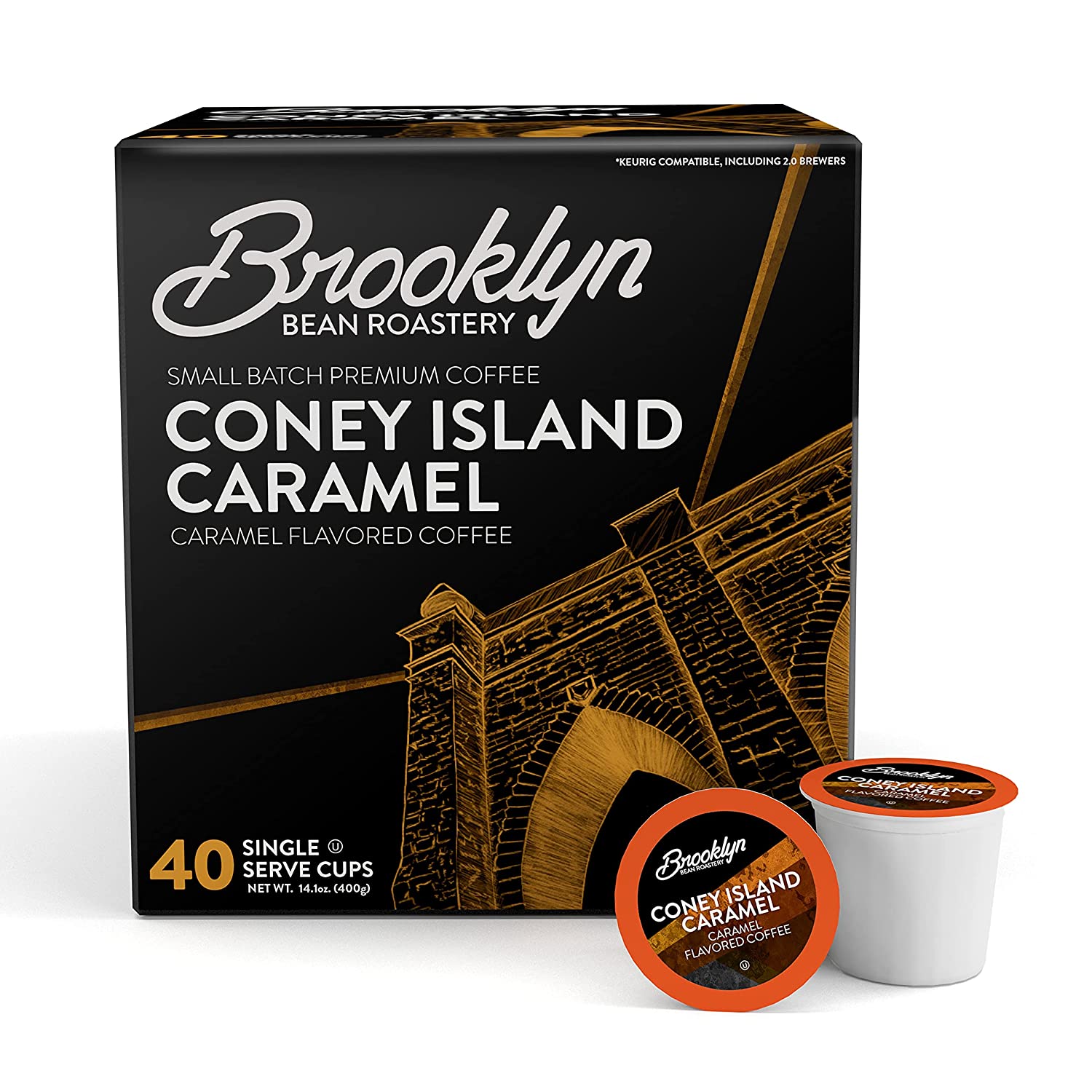 Brooklyn Beans Coney Island Caramel Gourmet Coffee Pods. Compatible with 2.0 Keurig K Cup Brewers. 40 Count