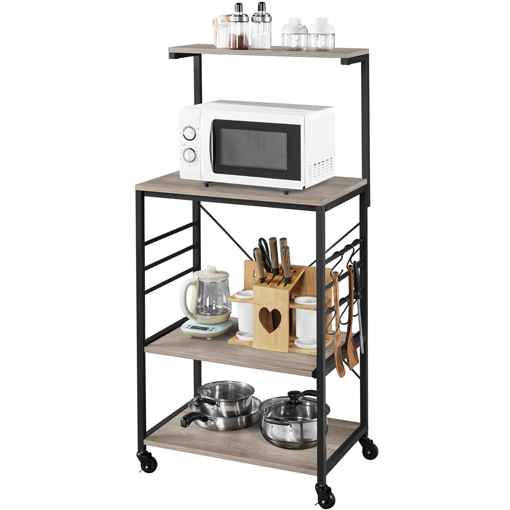 Yaheetech Kitchen Baker-s Rack Utility Storage Shelf Microwave Stand Cart on Wheels with Side Hooks. Gray