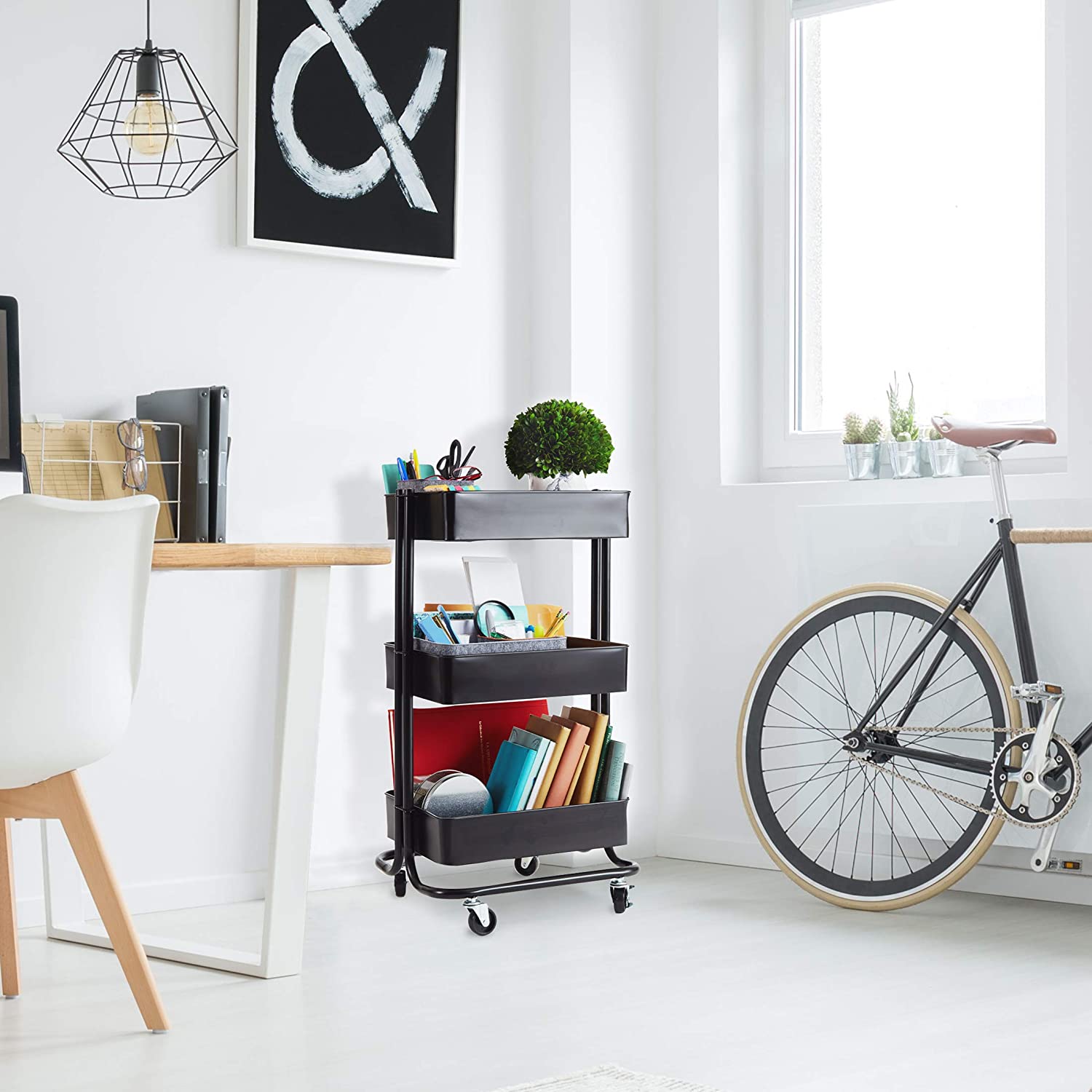 Seville Classics 3-Tier Rolling Steel Bin Kitchen Trolley with Wheels. Black Utility Storage Cart. 16.7″ W