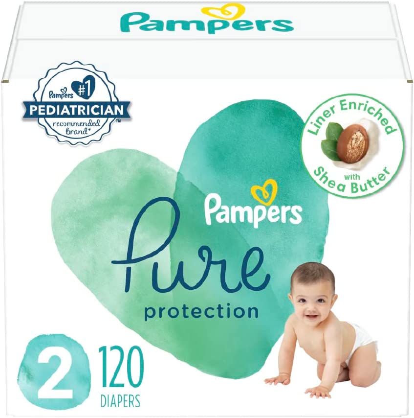 Diapers Size 2. 120 Count - Pampers Pure Protection Disposable Baby Diapers. Hypoallergenic and Unscented Protection. Enormous Pack (Packaging & Prints May Vary)