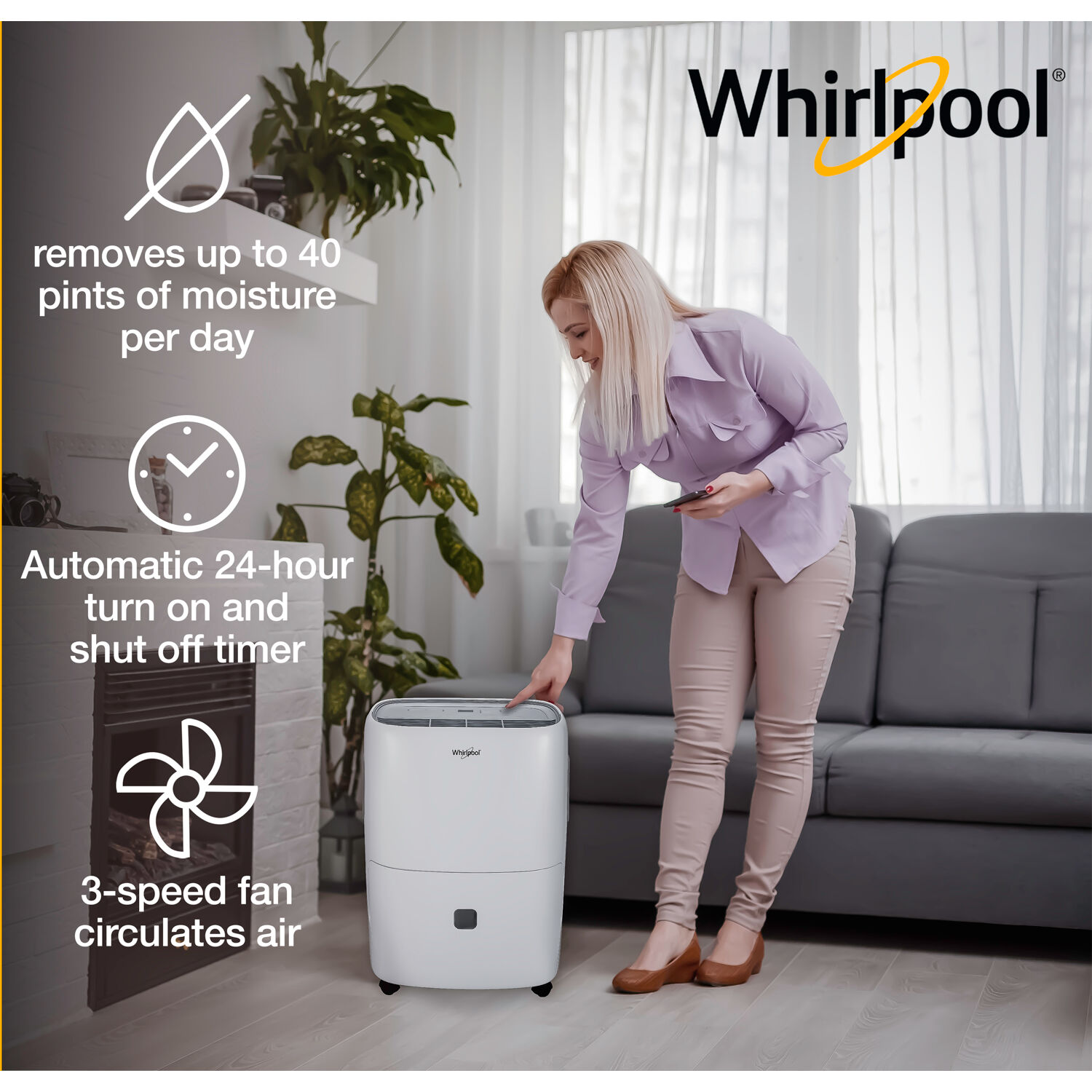 Whirlpool 40 pt 3.000 sq ft Dehumidifier in White - Automatic Shut-Off. Automatic Defrost Control