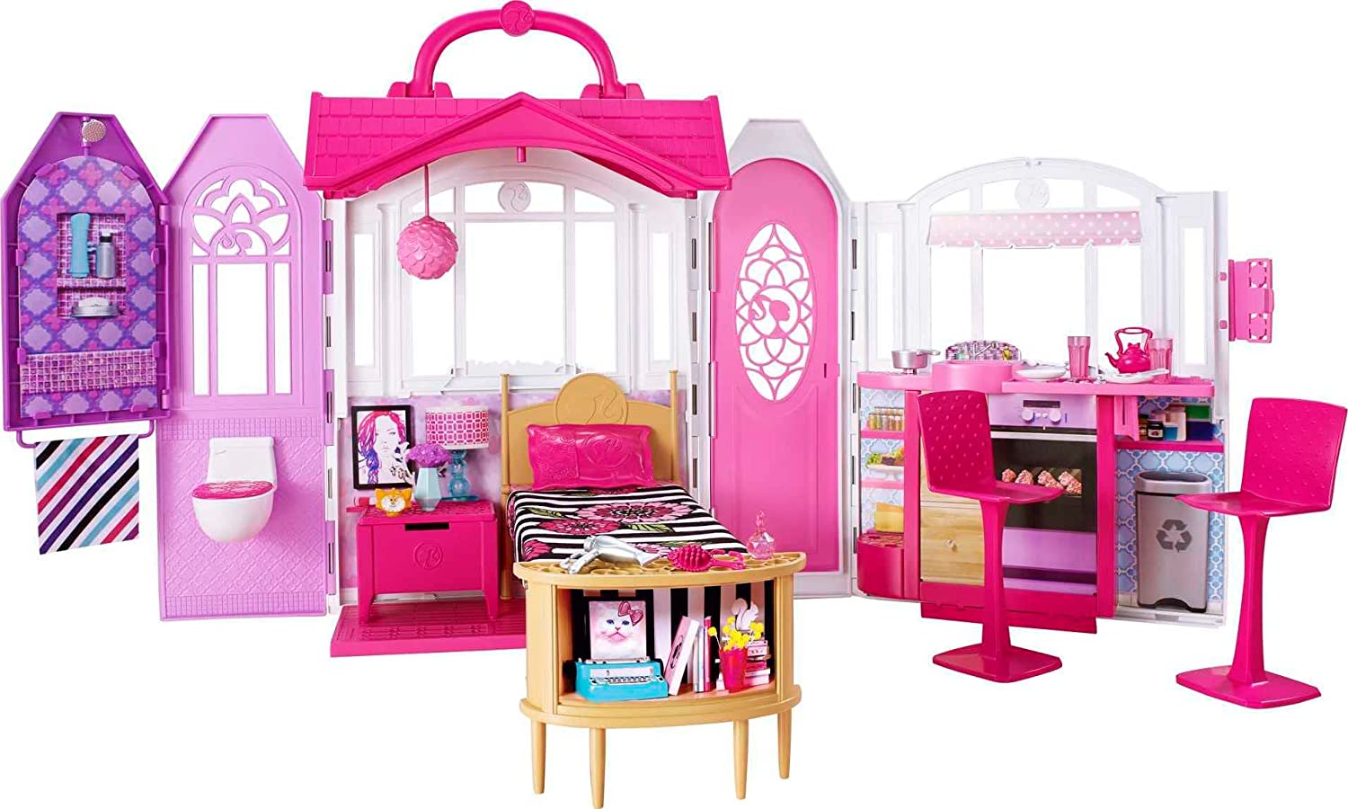 Barbie Glam Getaway Portable Dollhouse. 1 Story with Furniture. Accessories and Carrying Handle. for 3 to 7 Year Olds