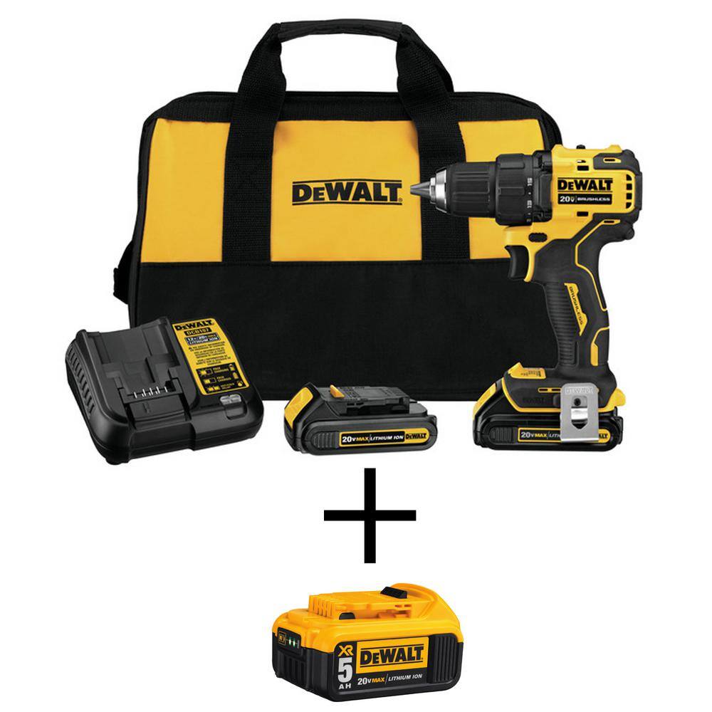 DEWALT DCD708C2W205 ATOMIC 20V MAX Cordless Brushless Compact 1/2 in. Drill/Driver and (2) 20V 1.3Ah and (1) 20V 5.0Ah Batteries