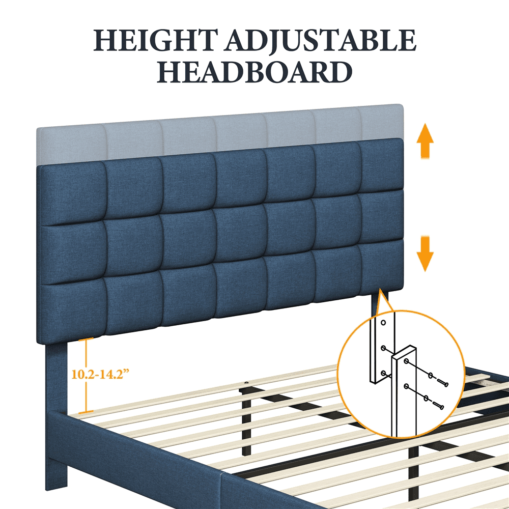 Alden Design Upholstered Tufted Platform Queen Bed. Navy Blue