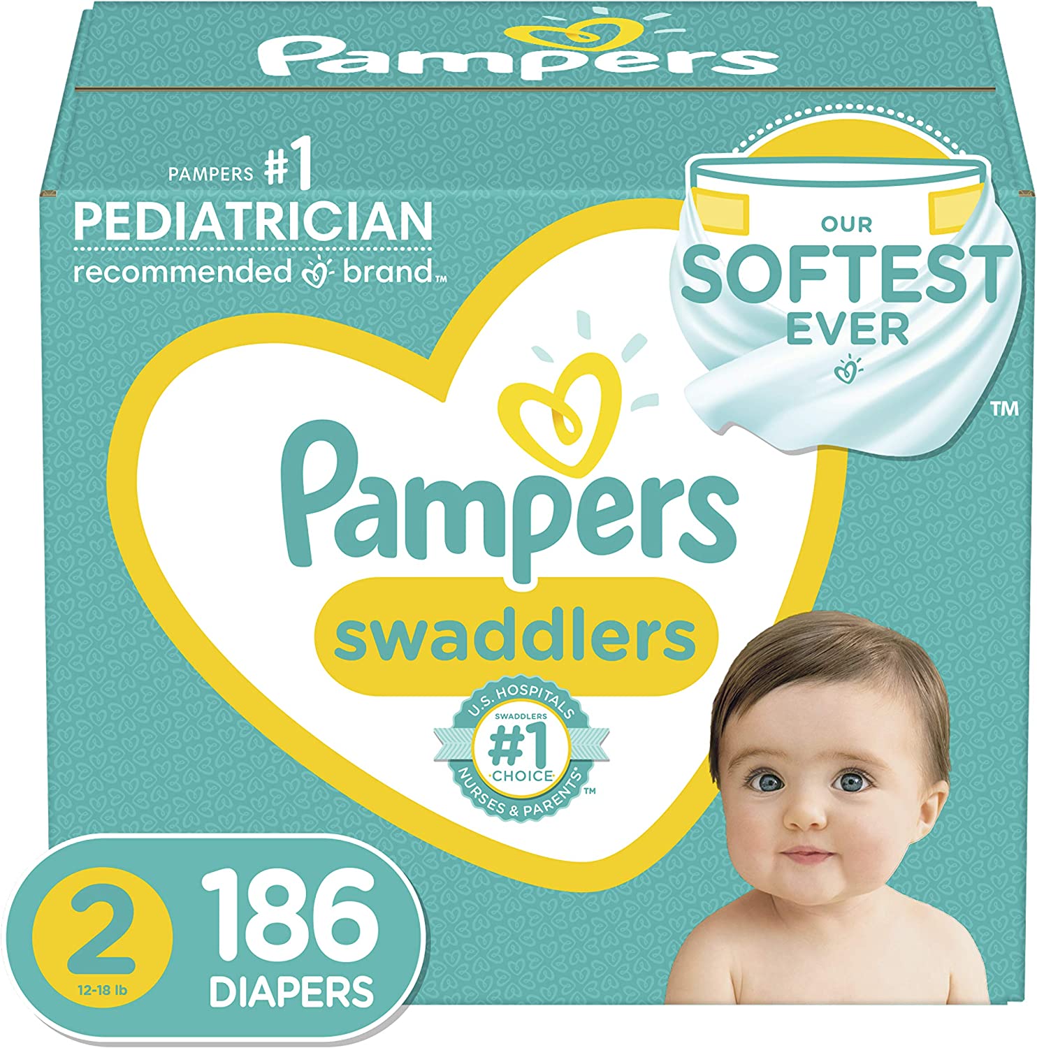 Diapers Size 2. 186 Count - Pampers Swaddlers Disposable Baby Diapers. (Packaging May Vary)
