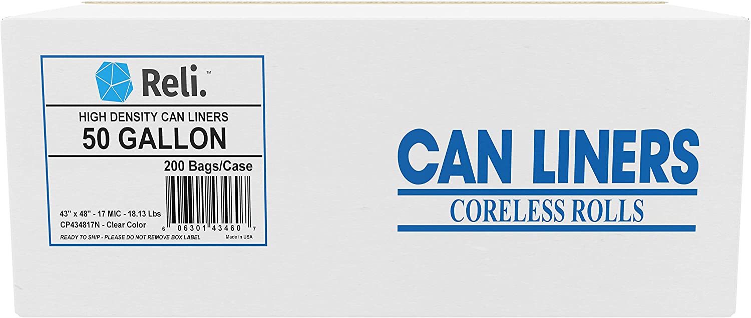 Reli. Trash Bags. 50 Gallon (200 Count) (Clear). Made in USA | Star Seal High Density - Easy Grab Rolls - Can Liners. Garbage Bags with 45 Gallon (45 Gal) - 50 Gallon (50 Gal) Capacity