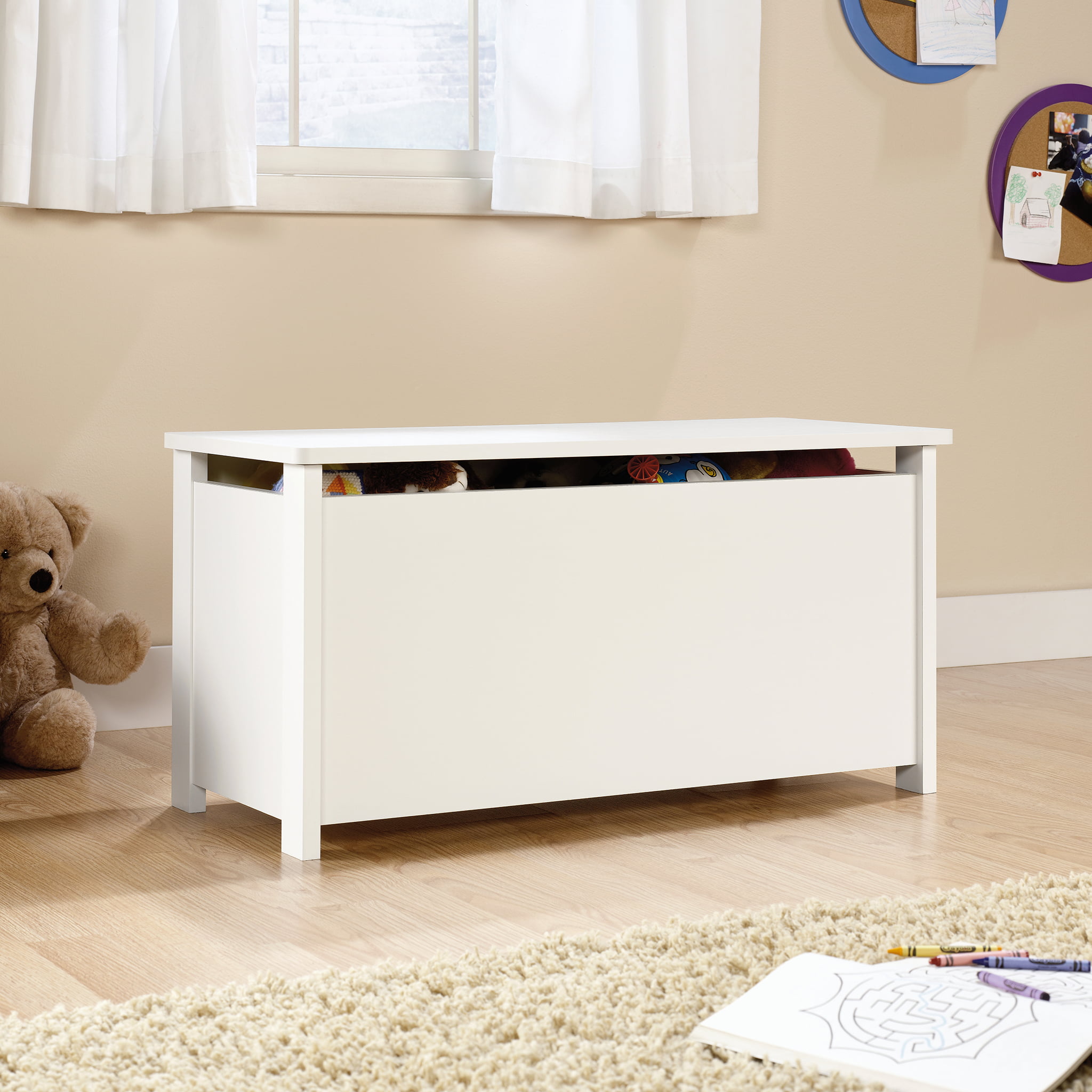 Sauder Beginnings Hinged Safety Top Wooden Toy Chest/Bench. Soft White Finish