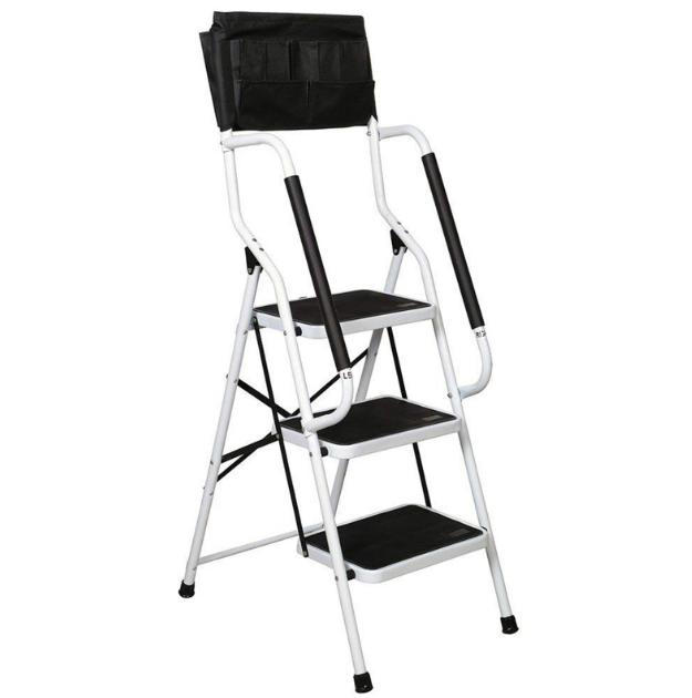 NSdirect Folding 3 Step Ladder. Portable Step Stool with Safety Handrails Non-Slip Wide Pedal and Tool Bag. 500 lb Capacity