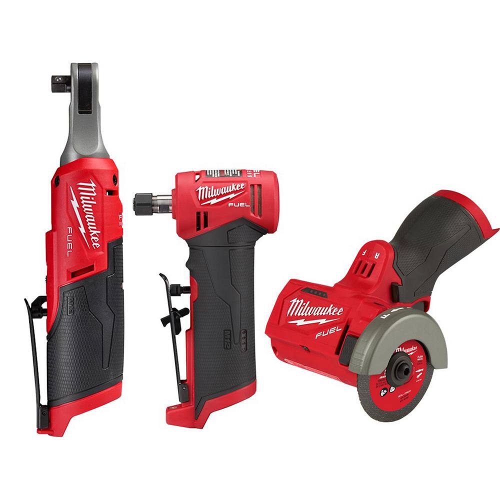 Milwaukee 2567-20-2522-20-2485-20 M12 FUEL 12V Lithium-Ion Brushless Cordless High Speed 3/8 in. Ratchet w/M12 FUEL 3 in. Cutoff Saw & 1/4 in. Die Grinder