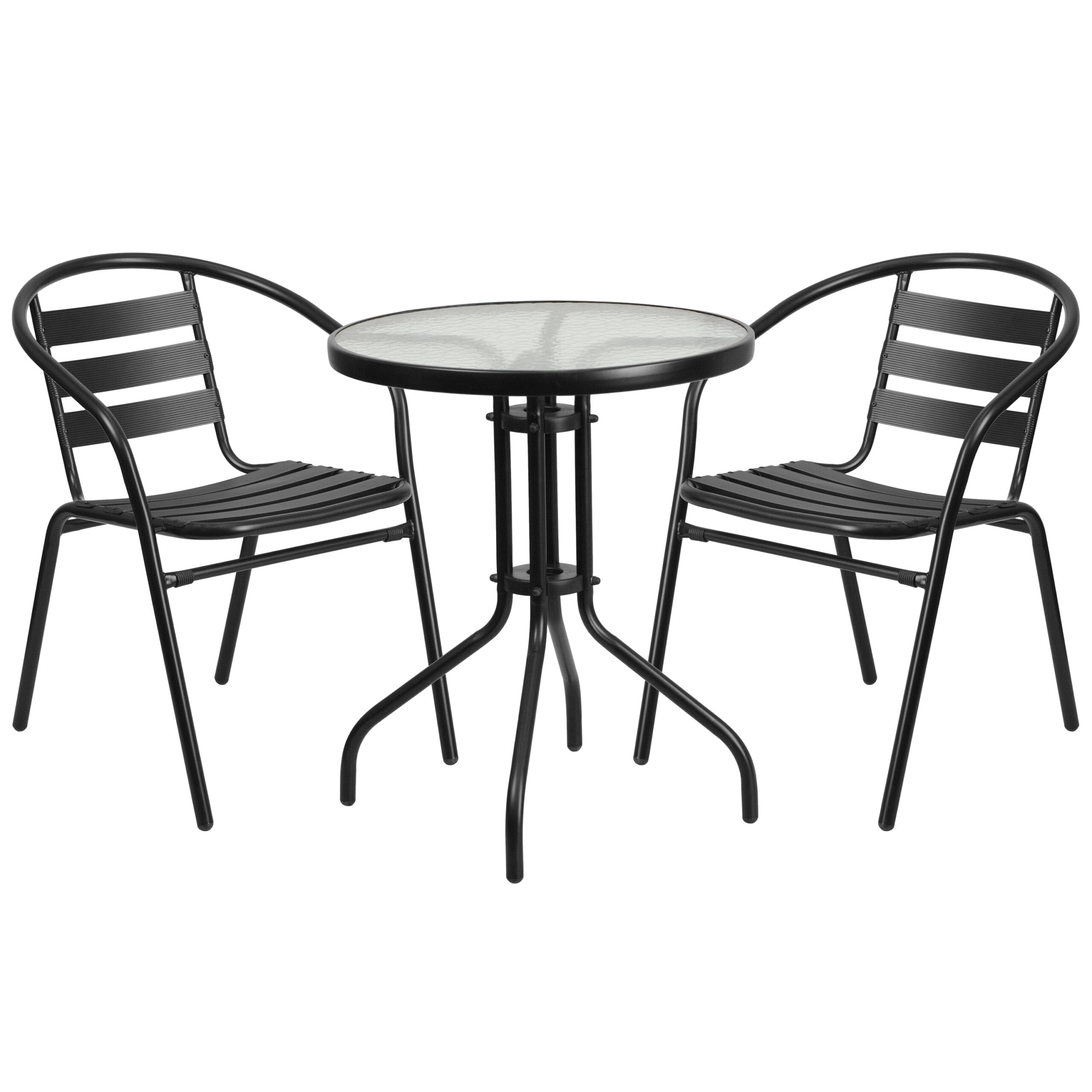 Flash Furniture 23.75″ Round Glass Metal Table with 2 Black Metal Aluminum Slat Stack Chairs