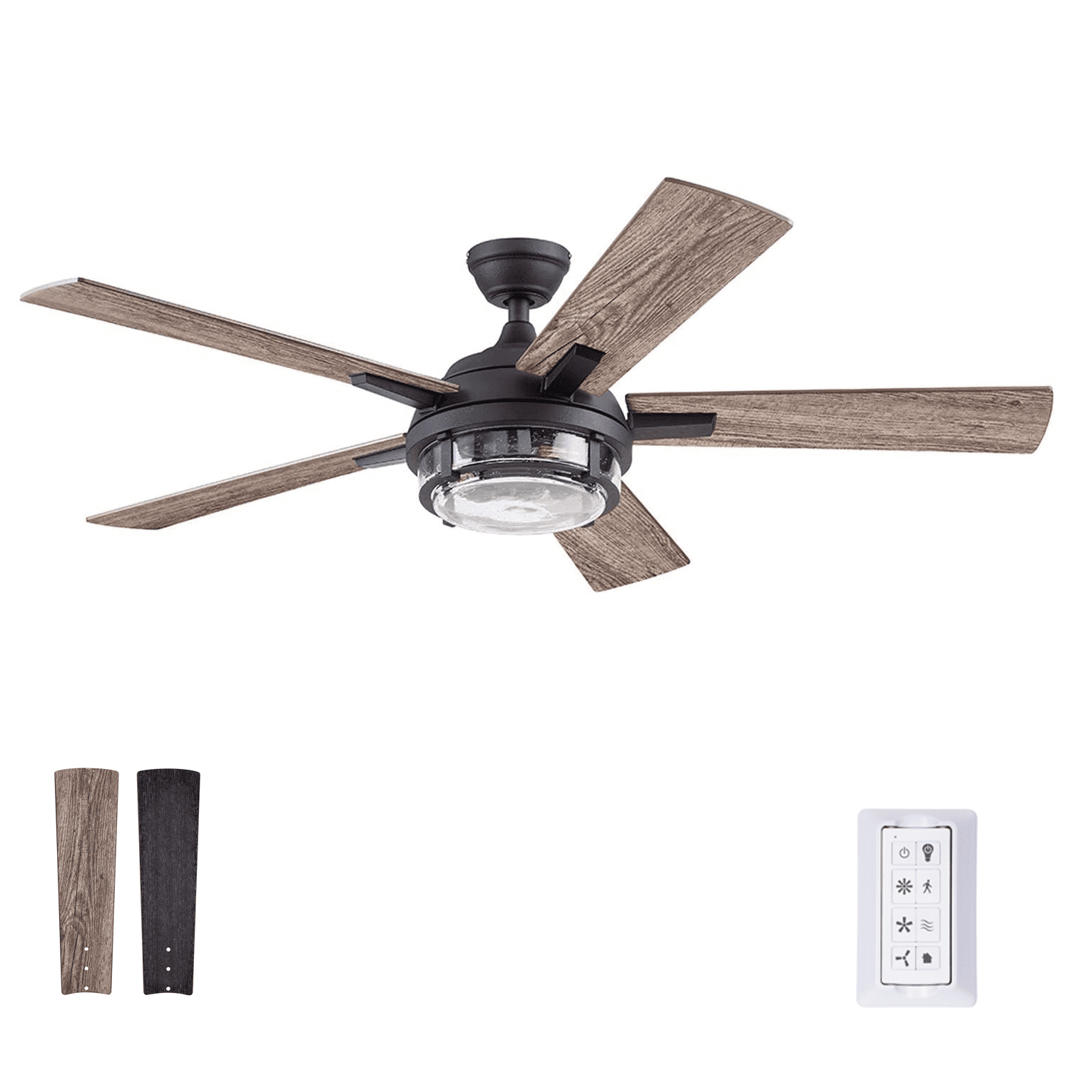 Prominence Home Freyr 52″ Textured Black Indoor/Outdoor Ceiling Fan with 5 Blades. Seeded Glass Light Kit & Remote