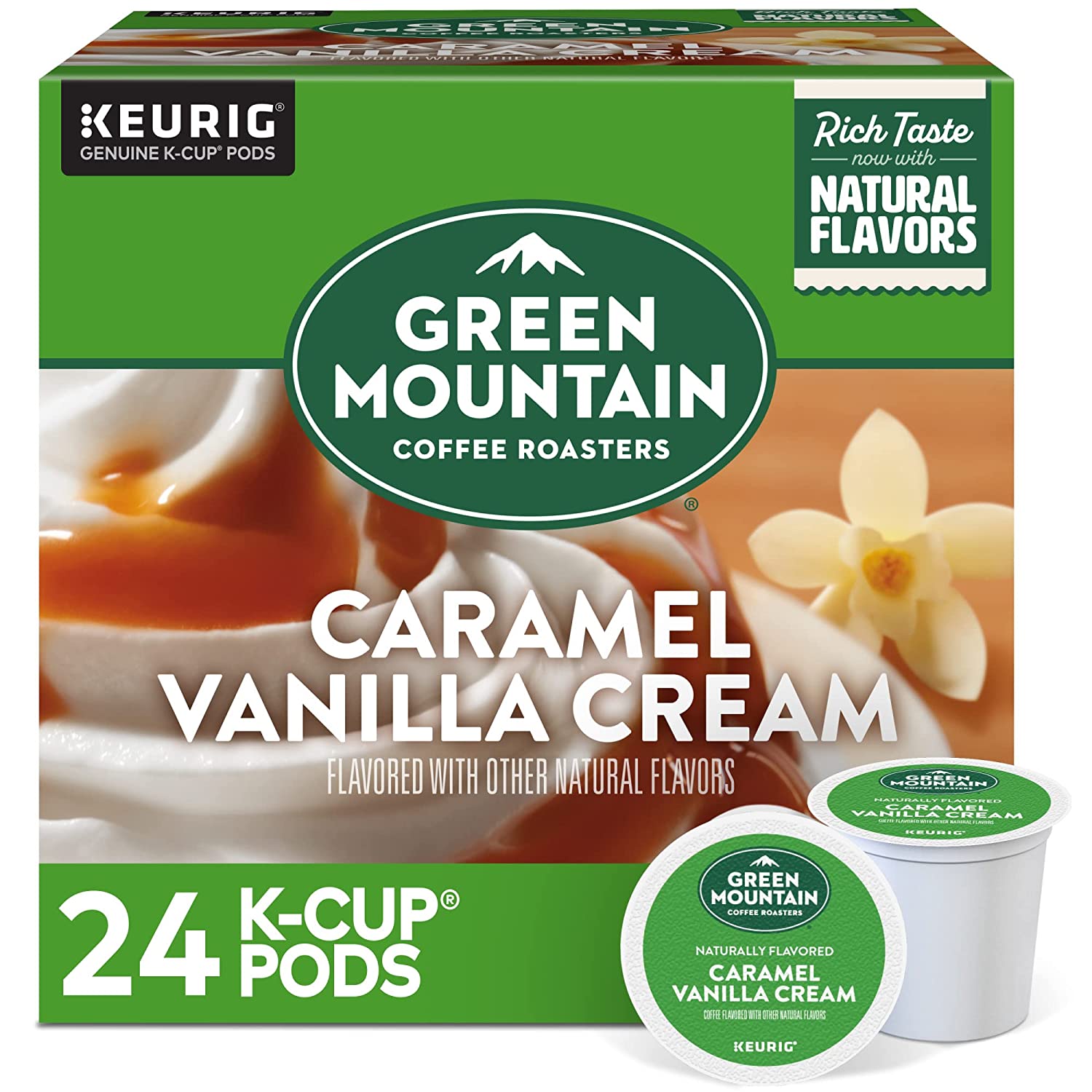 Green Mountain Coffee Roasters Caramel Vanilla Cream. Single-Serve Keurig K-Cup Pods. Flavored Light Roast Coffee. 96 Count