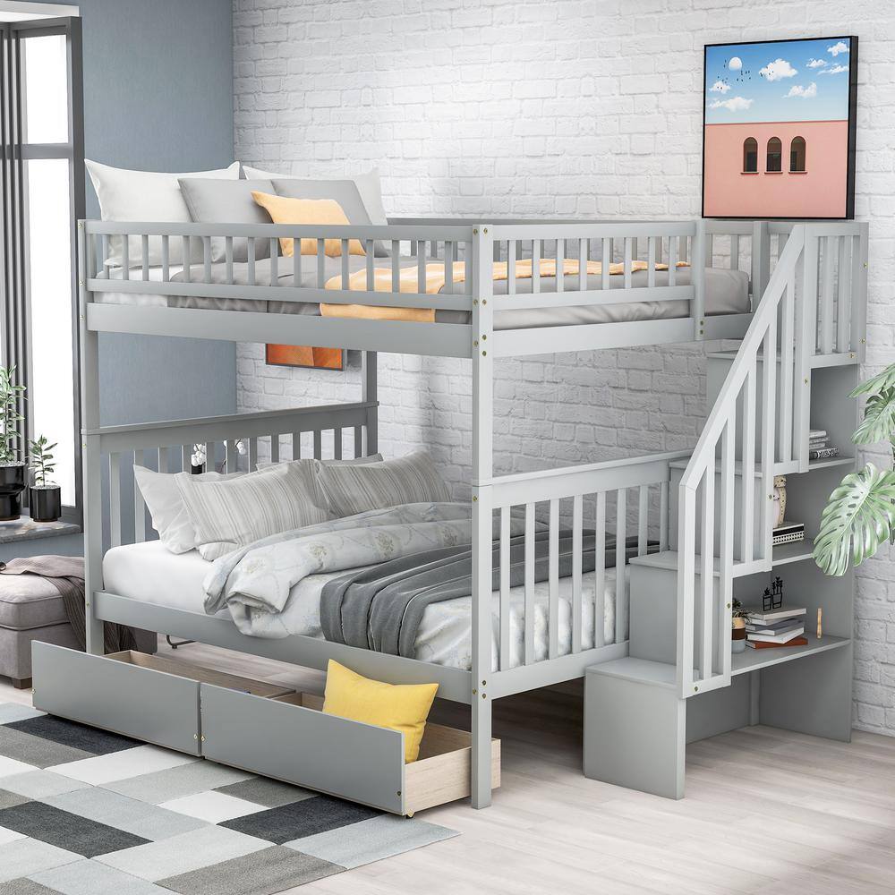 Harper & Bright Designs  Classic Gray Full over Full Bunk Bed with 2 Drawers and Storage Staircase