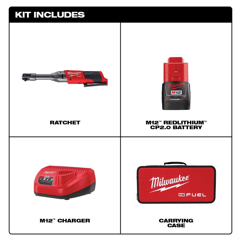 Milwaukee 2559-21 M12 FUEL 12V Lithium-Ion Brushless Cordless 1/4 in. Extended Reach Ratchet Kit with One 2.0 Ah Batteries