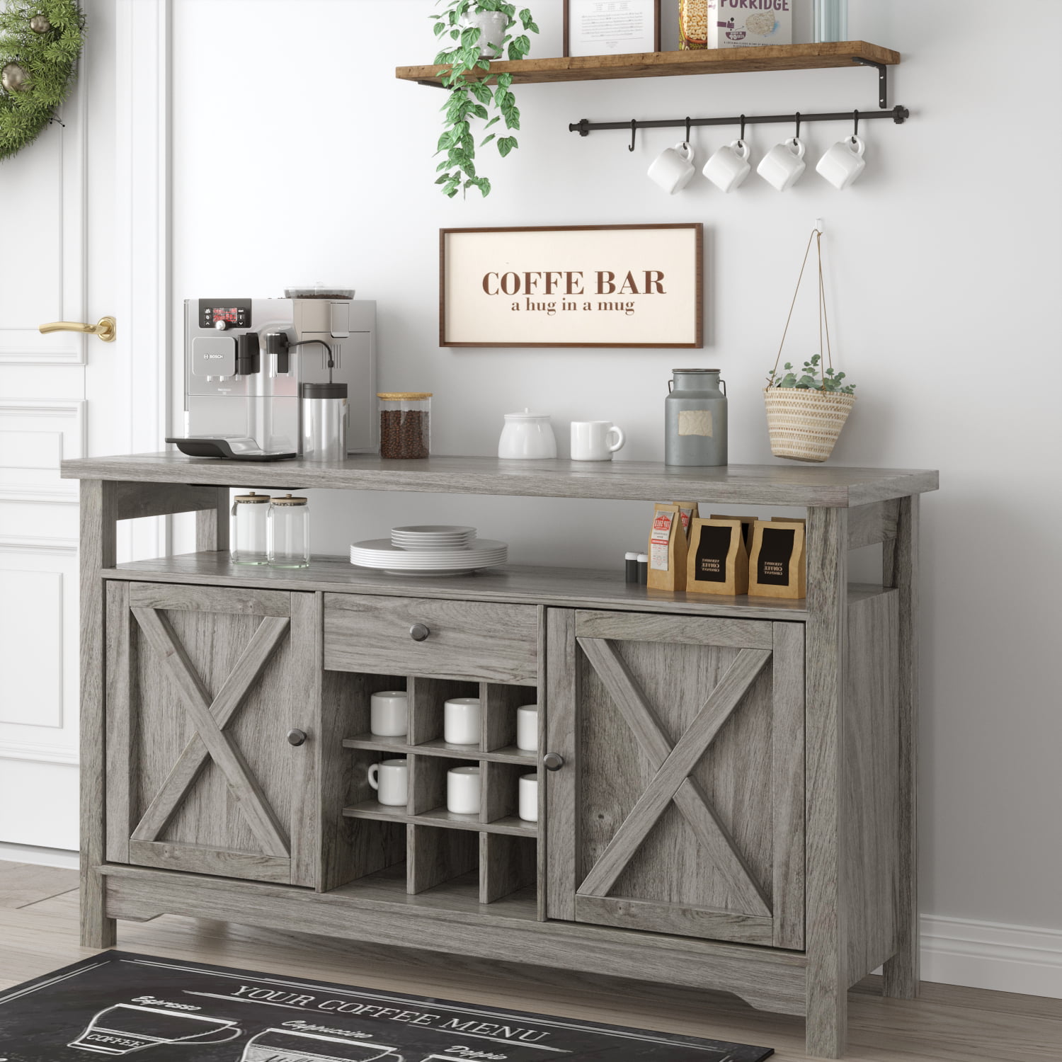 Farmhouse Coffee Bar Cabinet. 47″ Kitchen Buffet Storage Cabinet with Barn Door. Liquor Cabinet with Wine Rack. Gray