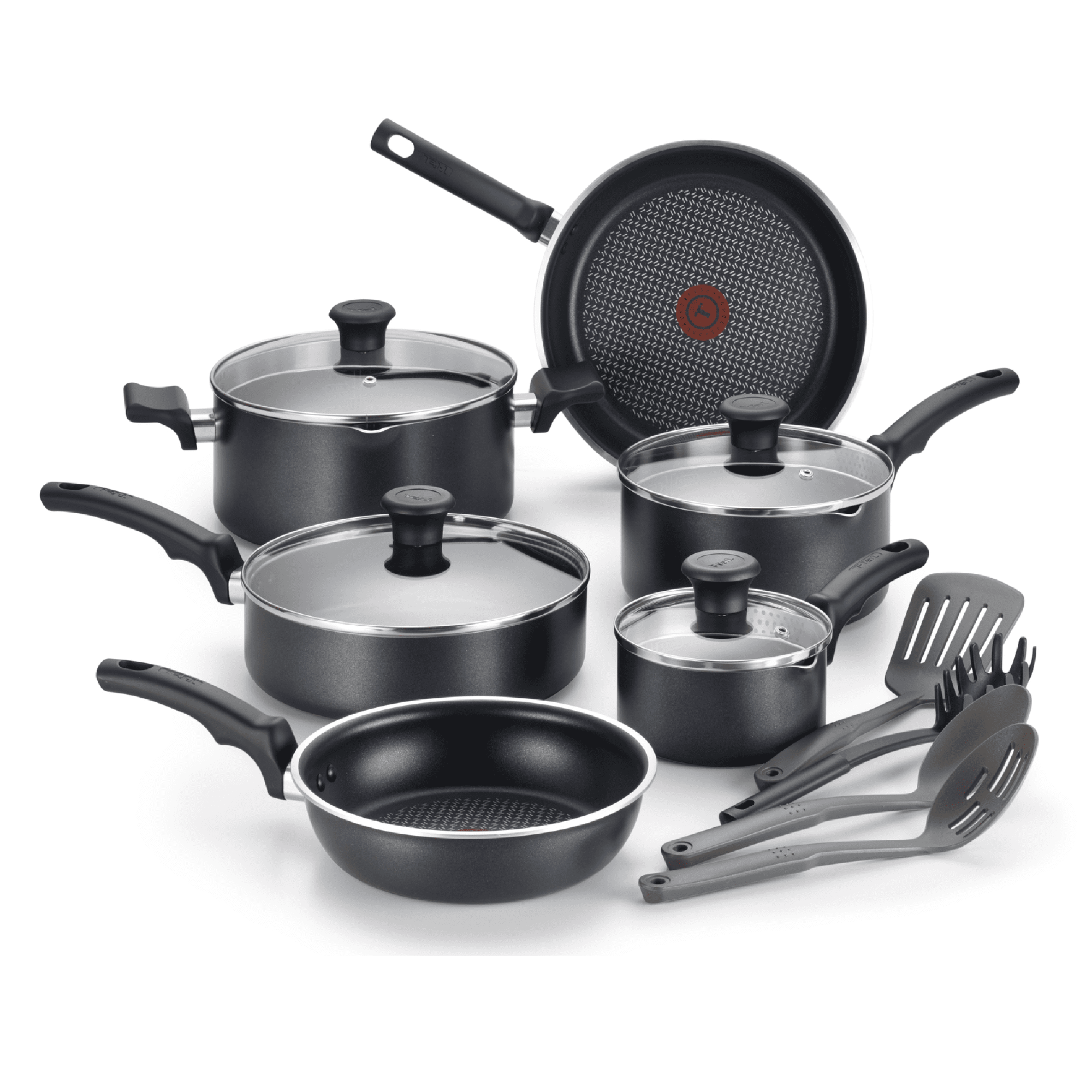 T-fal Cook & Strain Nonstick Cookware Set. 14 piece Set. Black. Dishwasher Safe