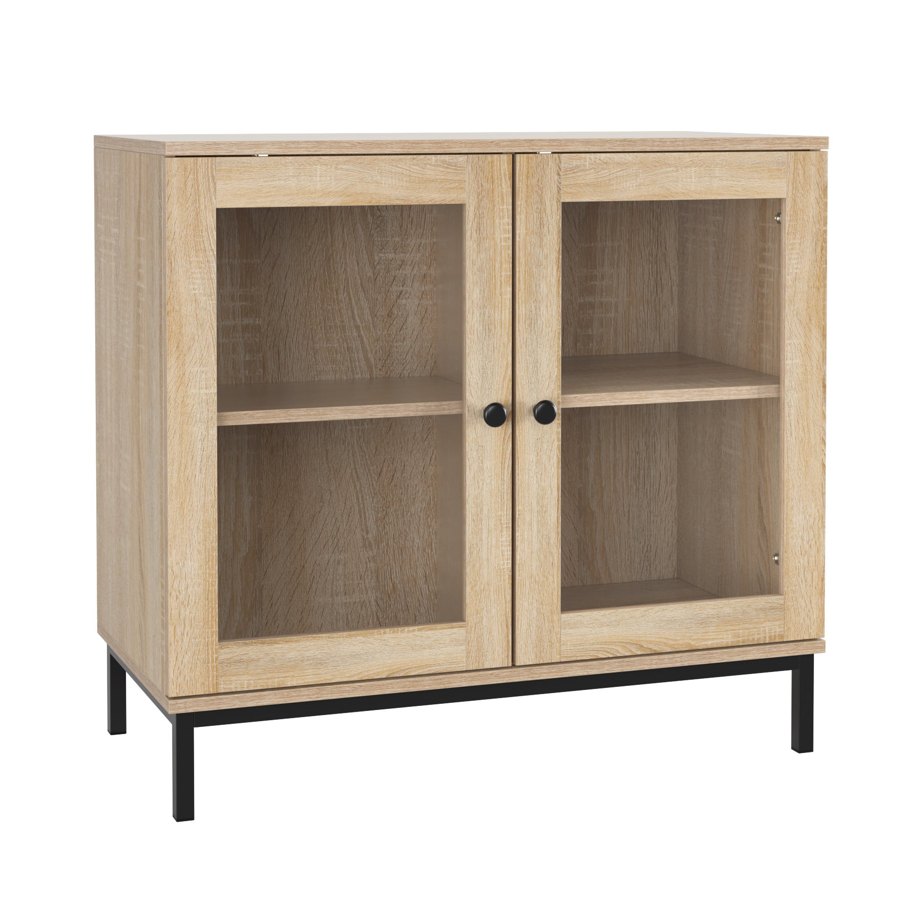 Homfa Wide Accent Cabinet with Glass Doors. Adjustable Shelves Display Cabinet with Metal Base. Oak
