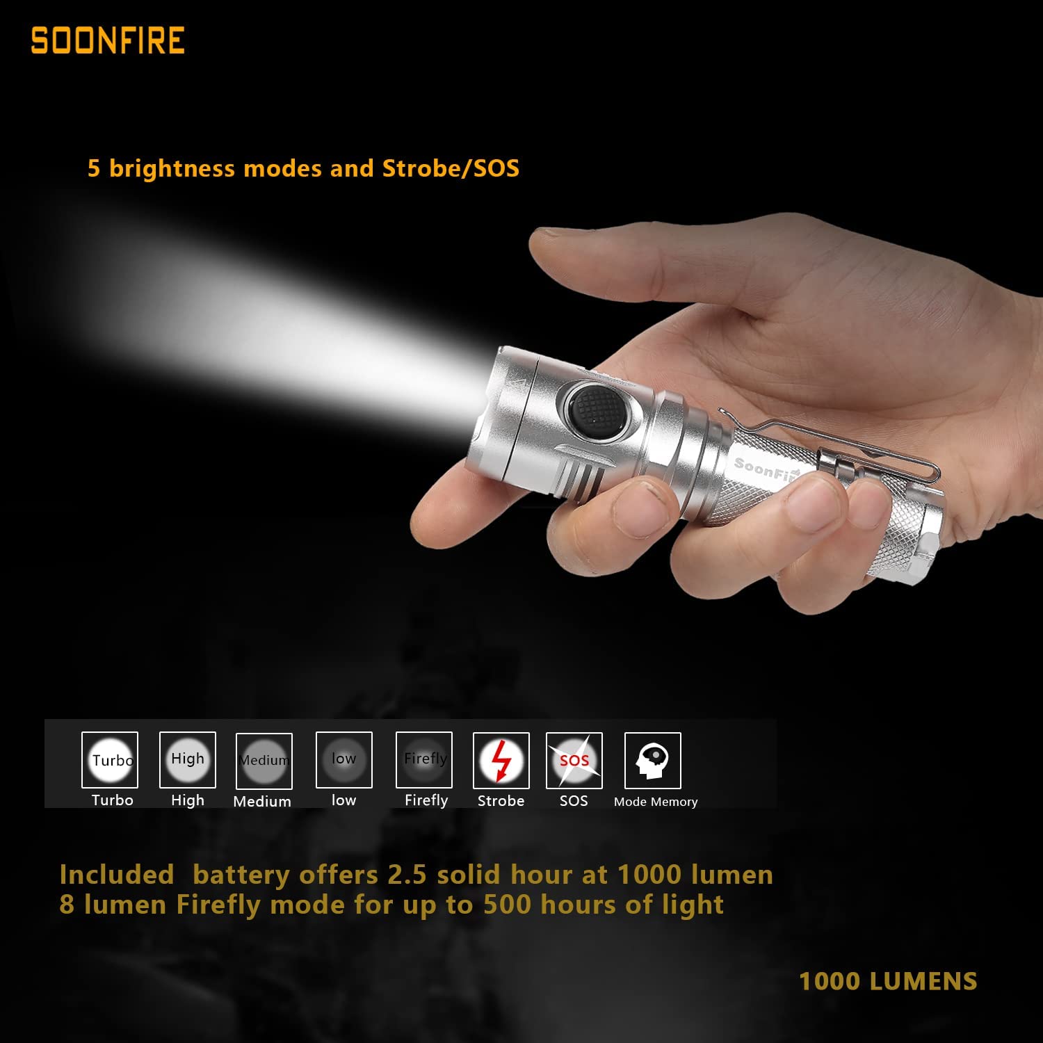 Soonfire Cree LED 1000 Lumens Flashlight. Rechargeable Waterproof Compact EDC Law flashlights. Grey