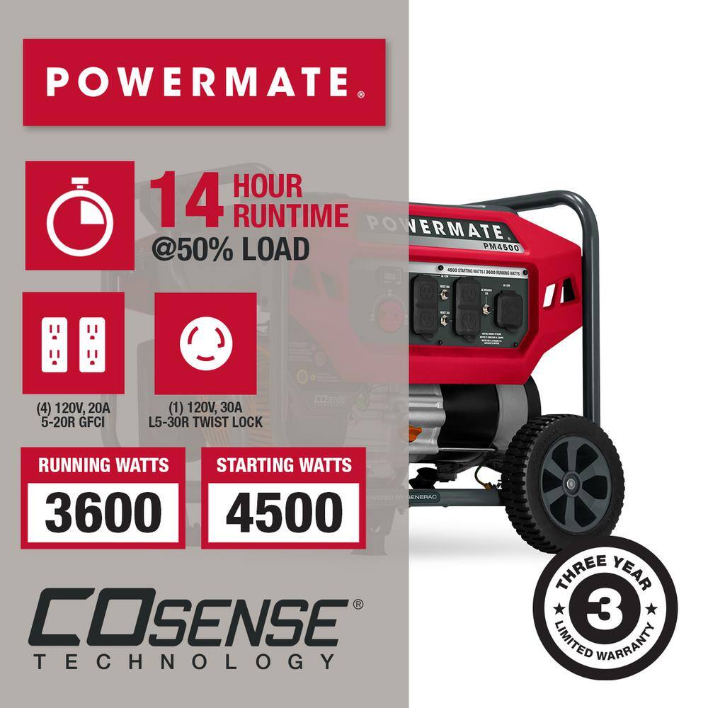 Powermate P0080201 PM4500 3600-Watt Manual Start Gas-Powered Portable Generator with CO-Sense. 49-ST/CSA
