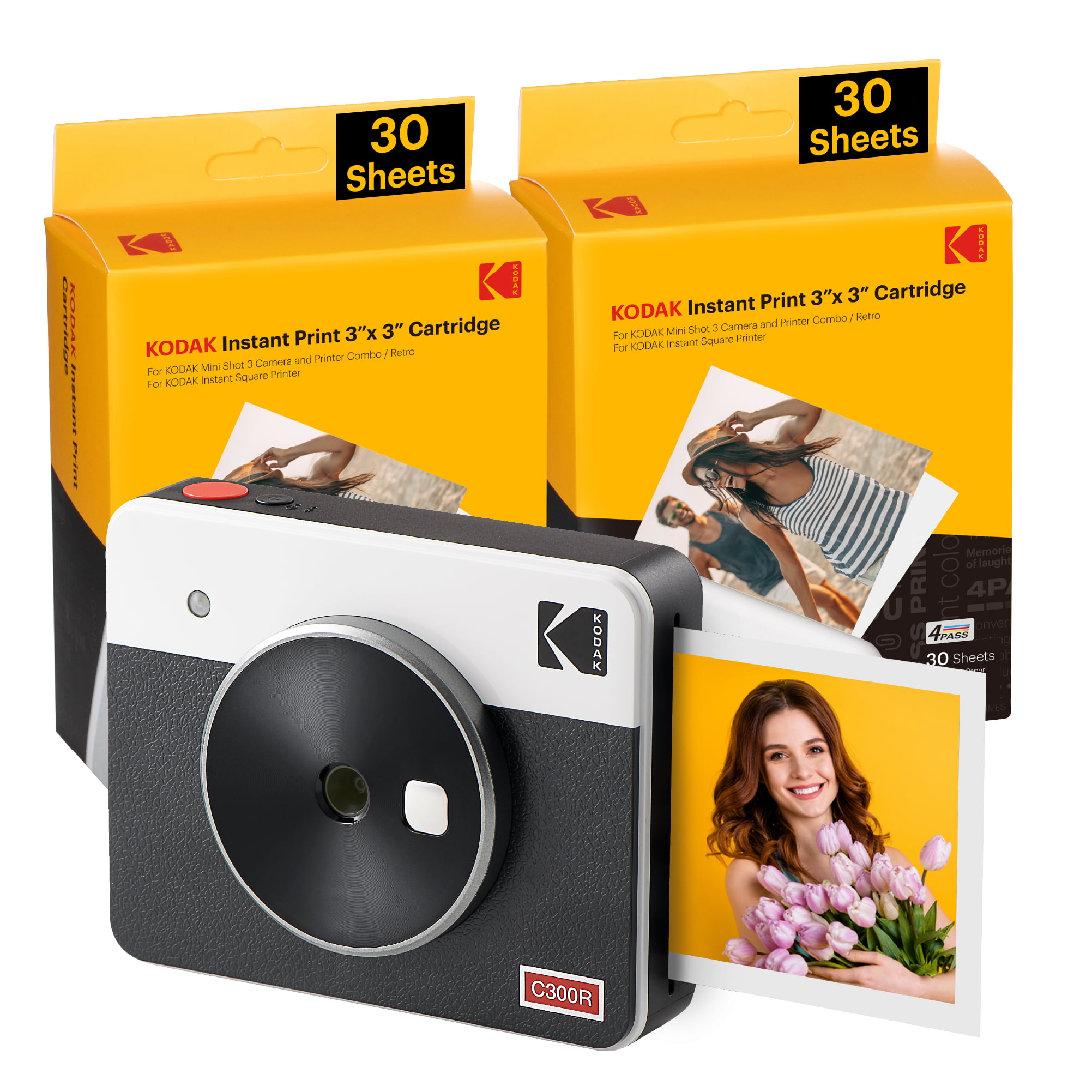 KODAK Mini Shot 3 Retro 4PASS 2-in-1 Instant Camera and Photo Printer (3×3 inches) + 68 Sheets Bundle. White