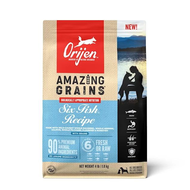 ORIJEN Amazing Grains Six Fish High Protein Dry Dog Food. 4 Pound & 22.5 Pound.