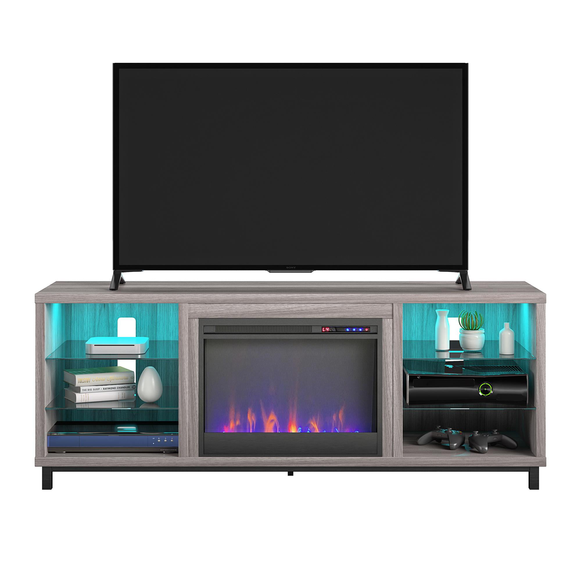 Ameriwood Home Lumina Deluxe Fireplace TV Stand for TVs up to 70″. Light Walnut