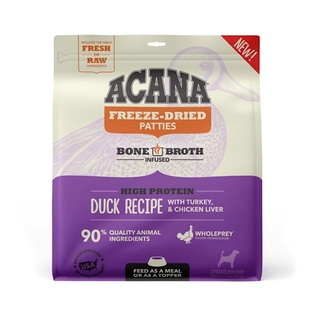 ACANA Grain Free High Protein Fresh & Raw Animal Ingredients Duck Recipe Freeze Dried Patties Dog Food. 14 oz.
