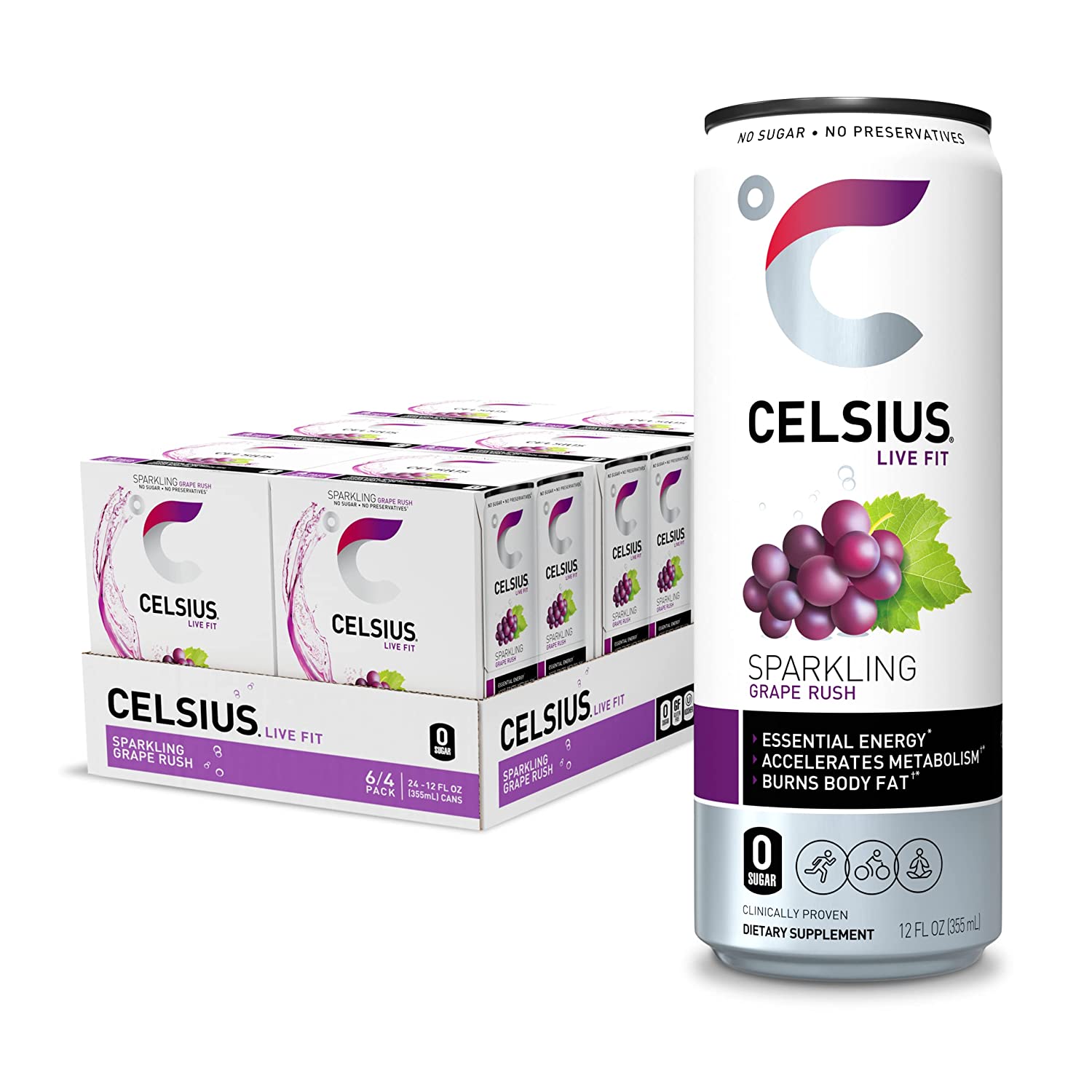 CELSIUS Essential Energy Drink . Sparkling Grape Rush . 12 Fl Oz (Pack of 24)