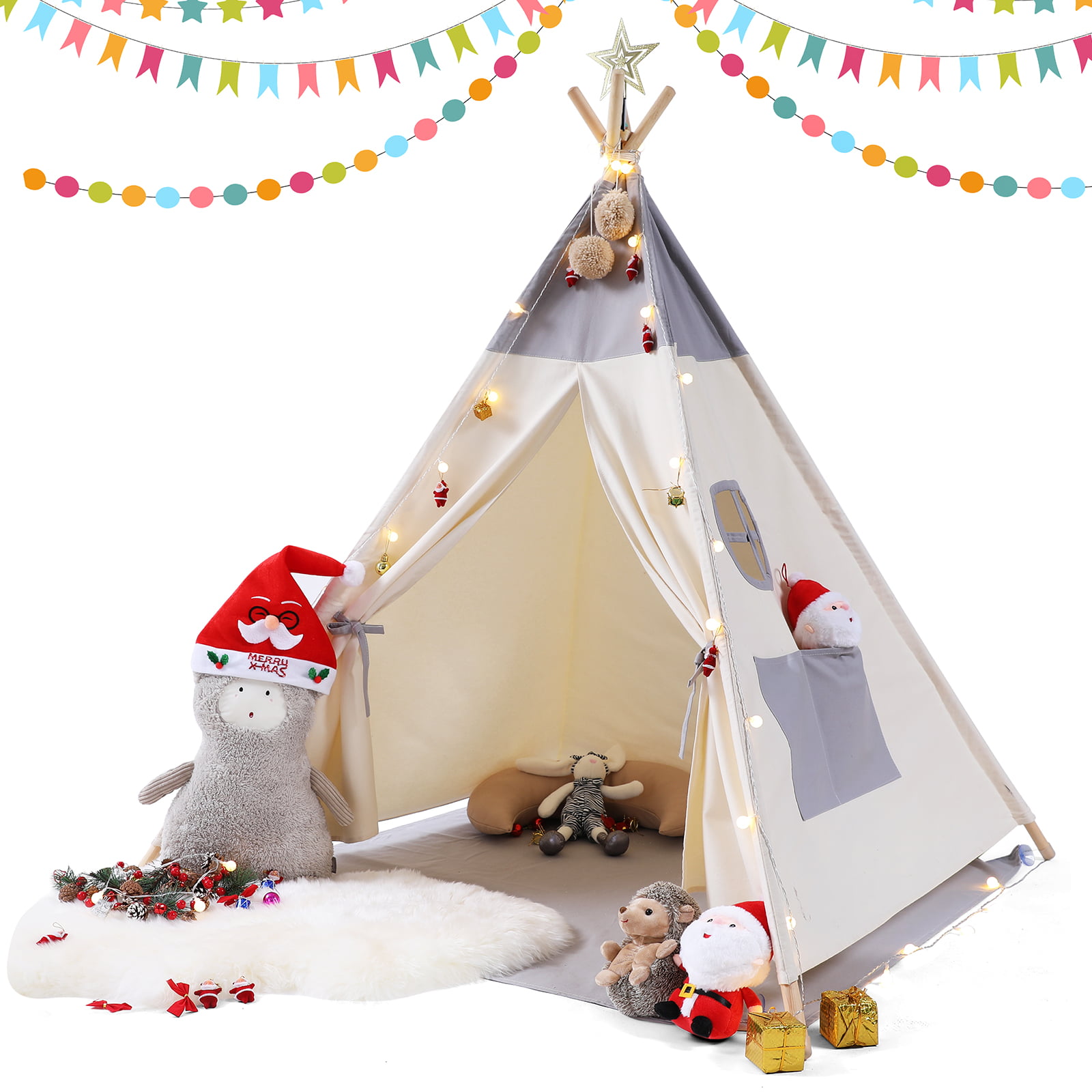Besrey Kids Teepees Play Tent with Free String Lights & Mat. Portable Canvas Playhouse for Kids Indoor Outdoor Playing